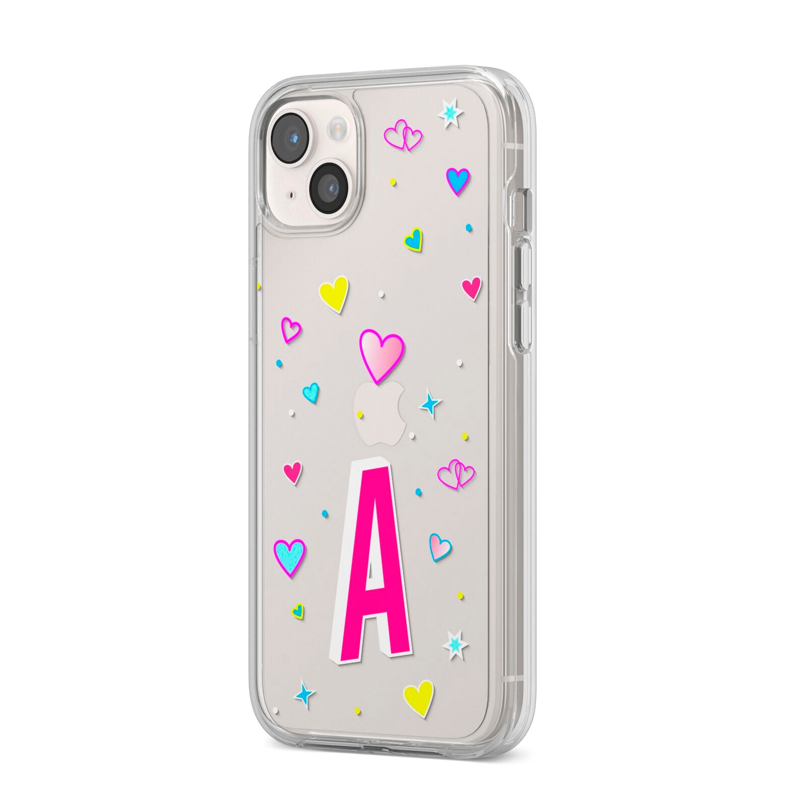 Personalised Heart Alphabet Clear iPhone 14 Plus Clear Tough Case Starlight Angled Image