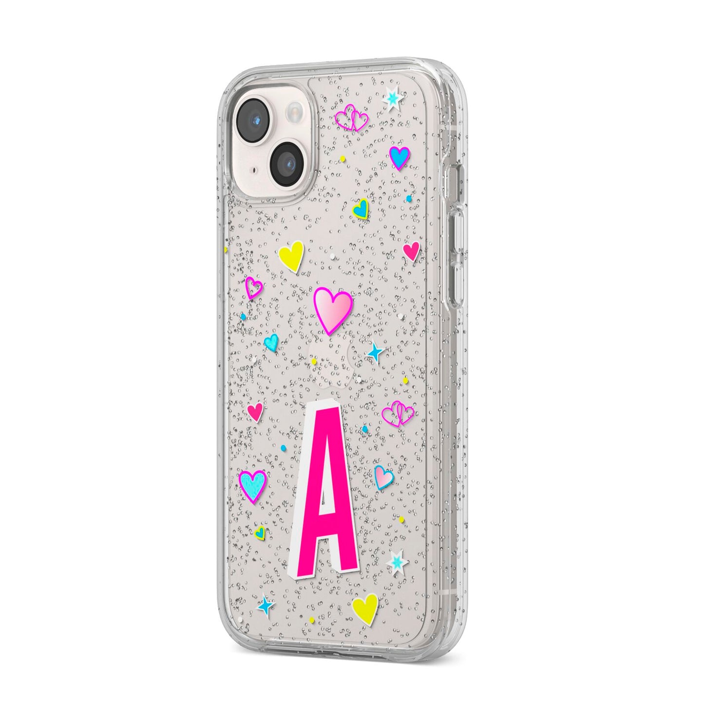 Personalised Heart Alphabet Clear iPhone 14 Plus Glitter Tough Case Starlight Angled Image