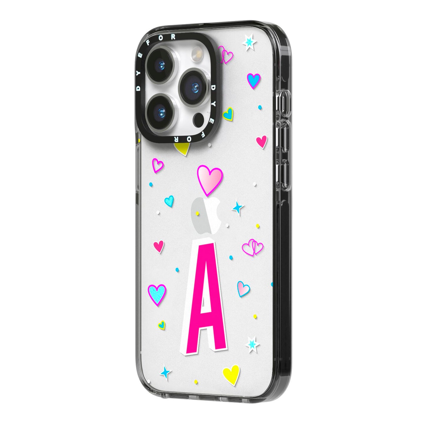 Personalised Heart Alphabet Clear iPhone 14 Pro Black Impact Case Side Angle on Silver phone