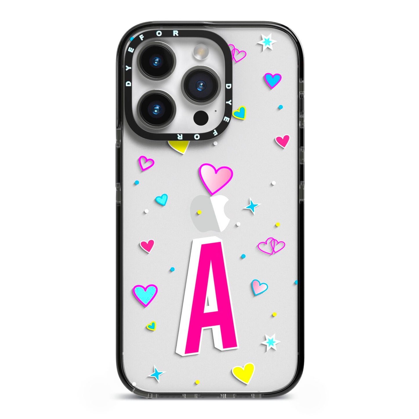 Personalised Heart Alphabet Clear iPhone 14 Pro Black Impact Case on Silver phone