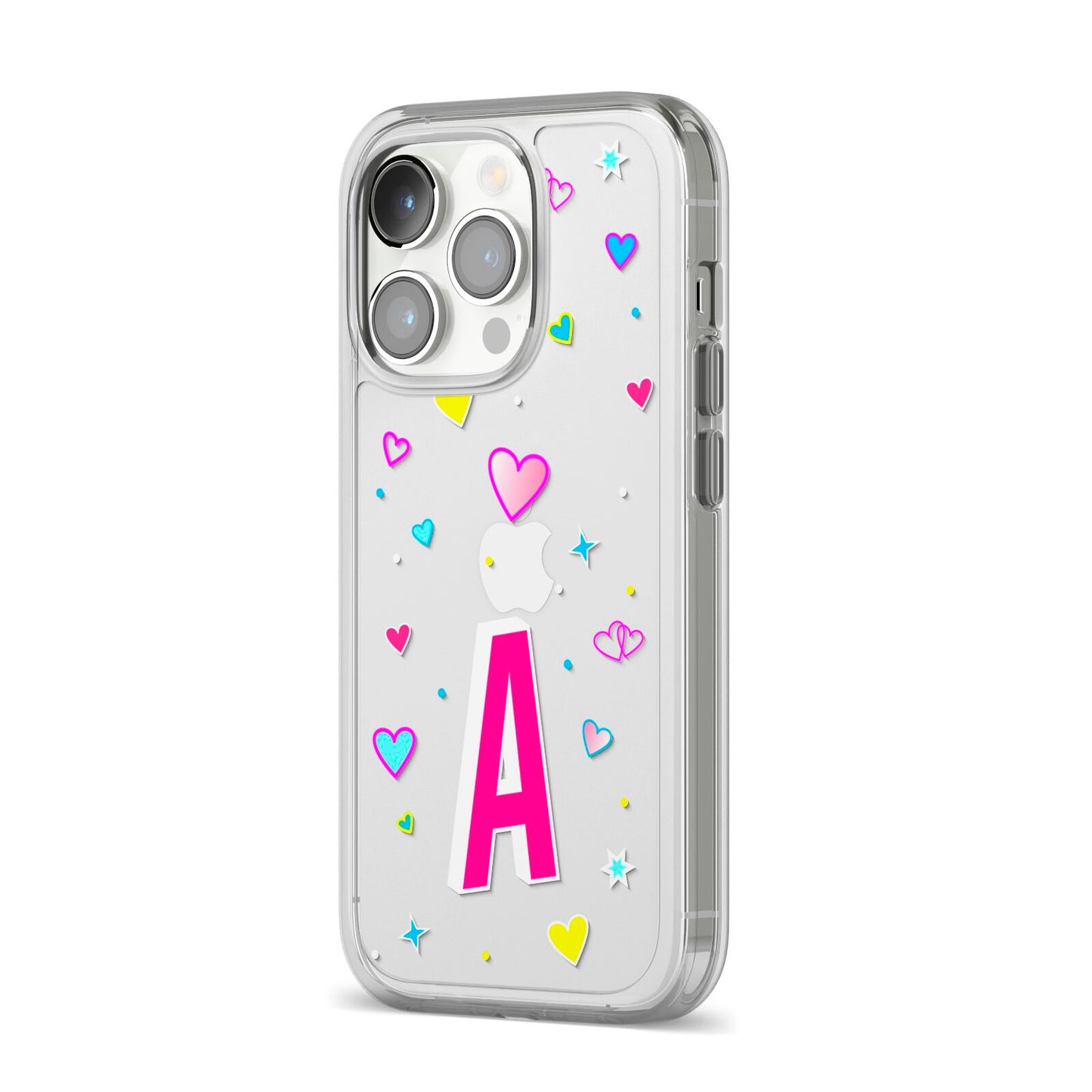 Personalised Heart Alphabet Clear iPhone 14 Pro Clear Tough Case Silver Angled Image