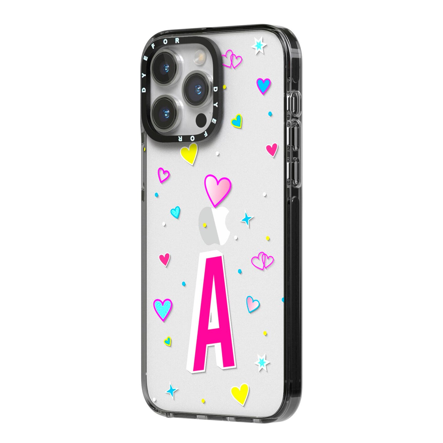 Personalised Heart Alphabet Clear iPhone 14 Pro Max Black Impact Case Side Angle on Silver phone