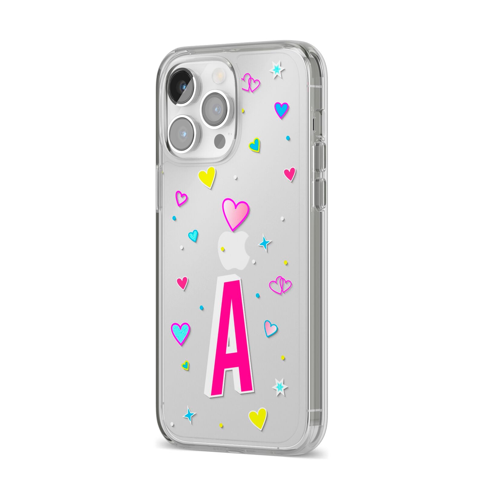 Personalised Heart Alphabet Clear iPhone 14 Pro Max Clear Tough Case Silver Angled Image