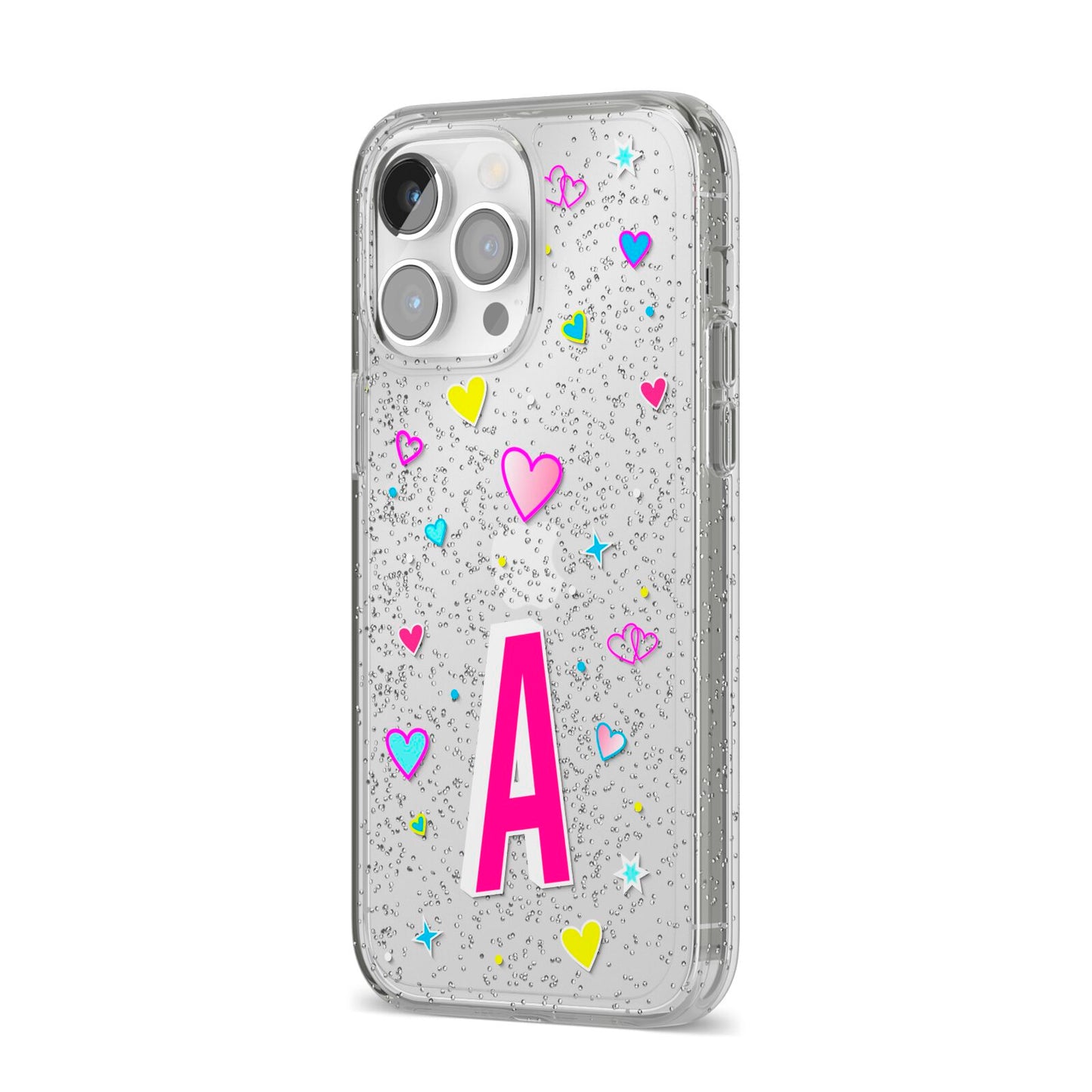 Personalised Heart Alphabet Clear iPhone 14 Pro Max Glitter Tough Case Silver Angled Image