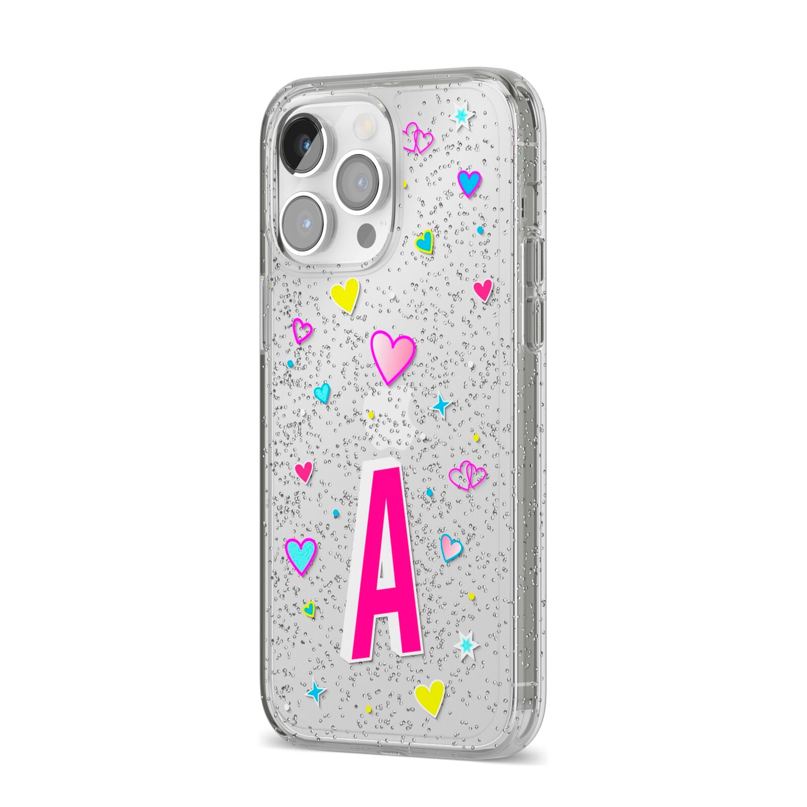 Personalised Heart Alphabet Clear iPhone 14 Pro Max Glitter Tough Case Silver Angled Image