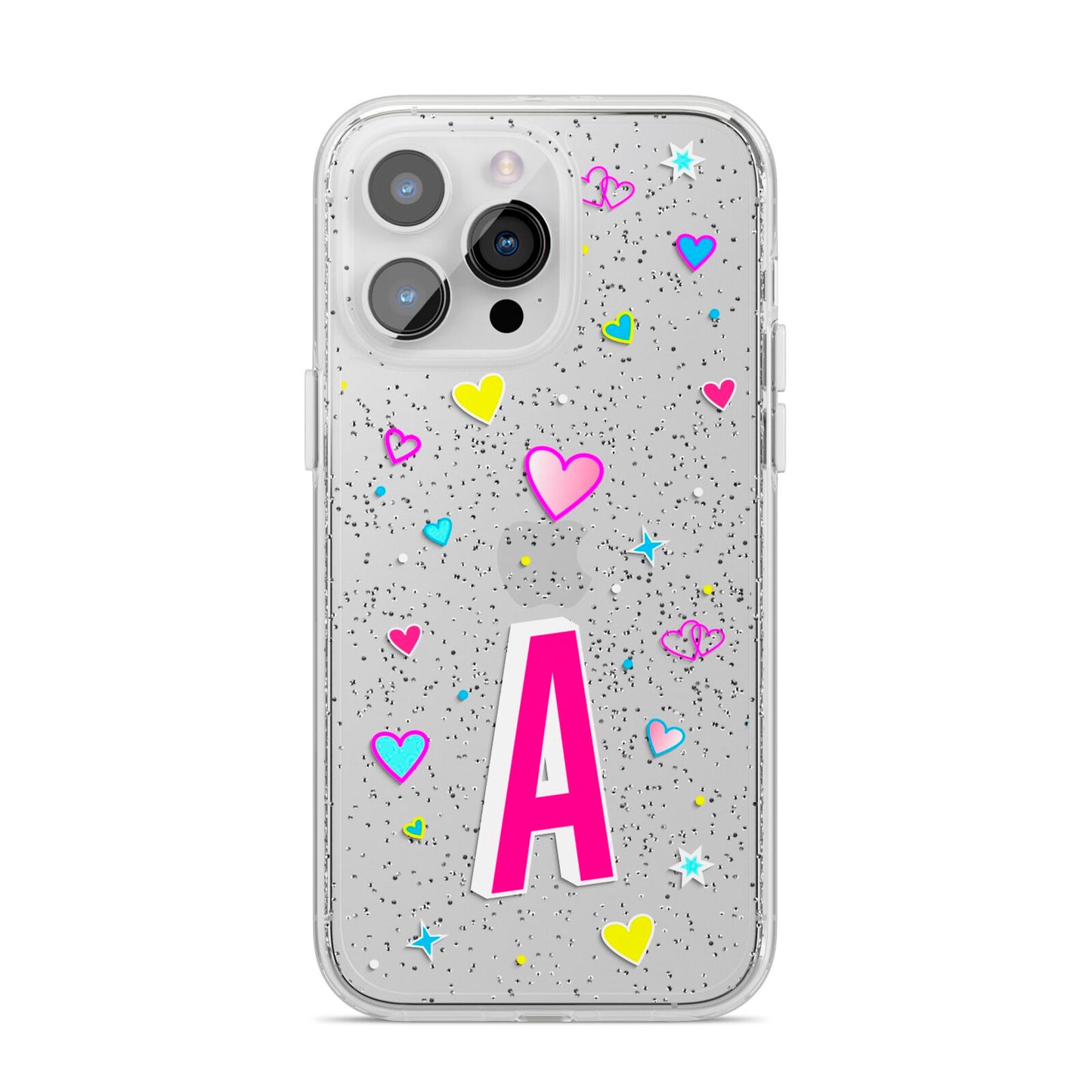 Personalised Heart Alphabet Clear iPhone 14 Pro Max Glitter Tough Case Silver