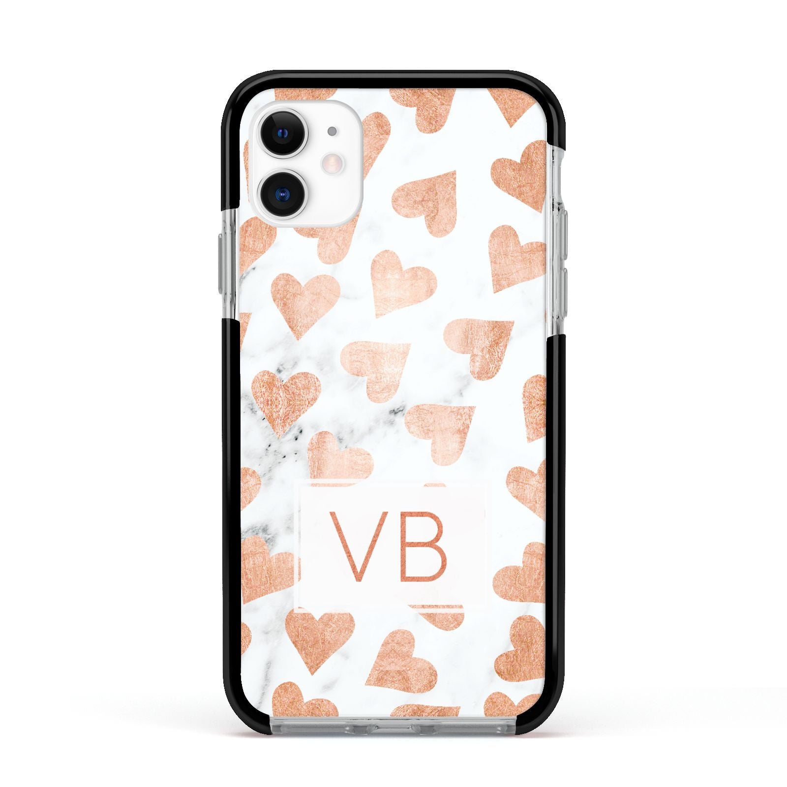 Personalised Heart Initialled Marble Apple iPhone 11 in White with Black Impact Case