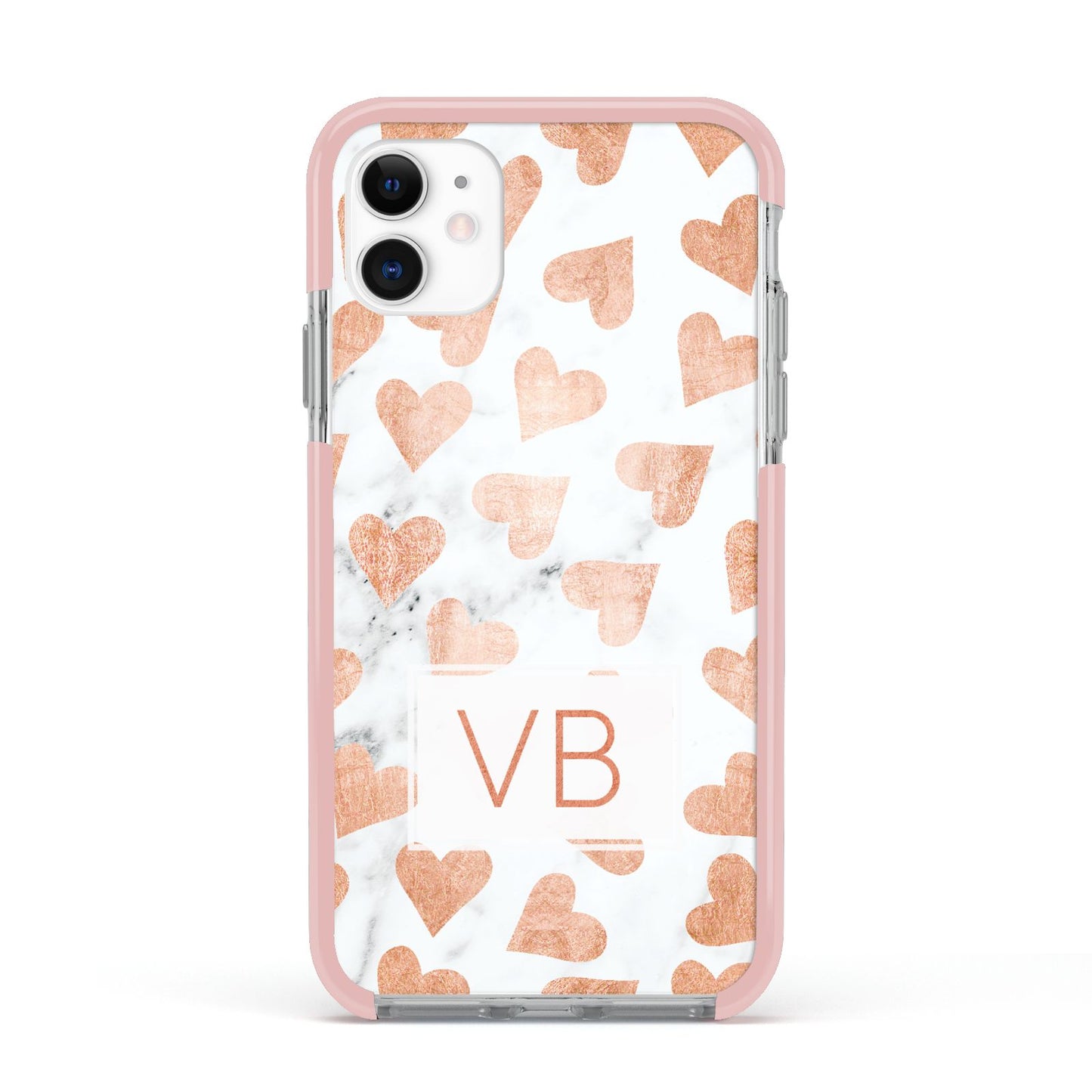 Personalised Heart Initialled Marble Apple iPhone 11 in White with Pink Impact Case