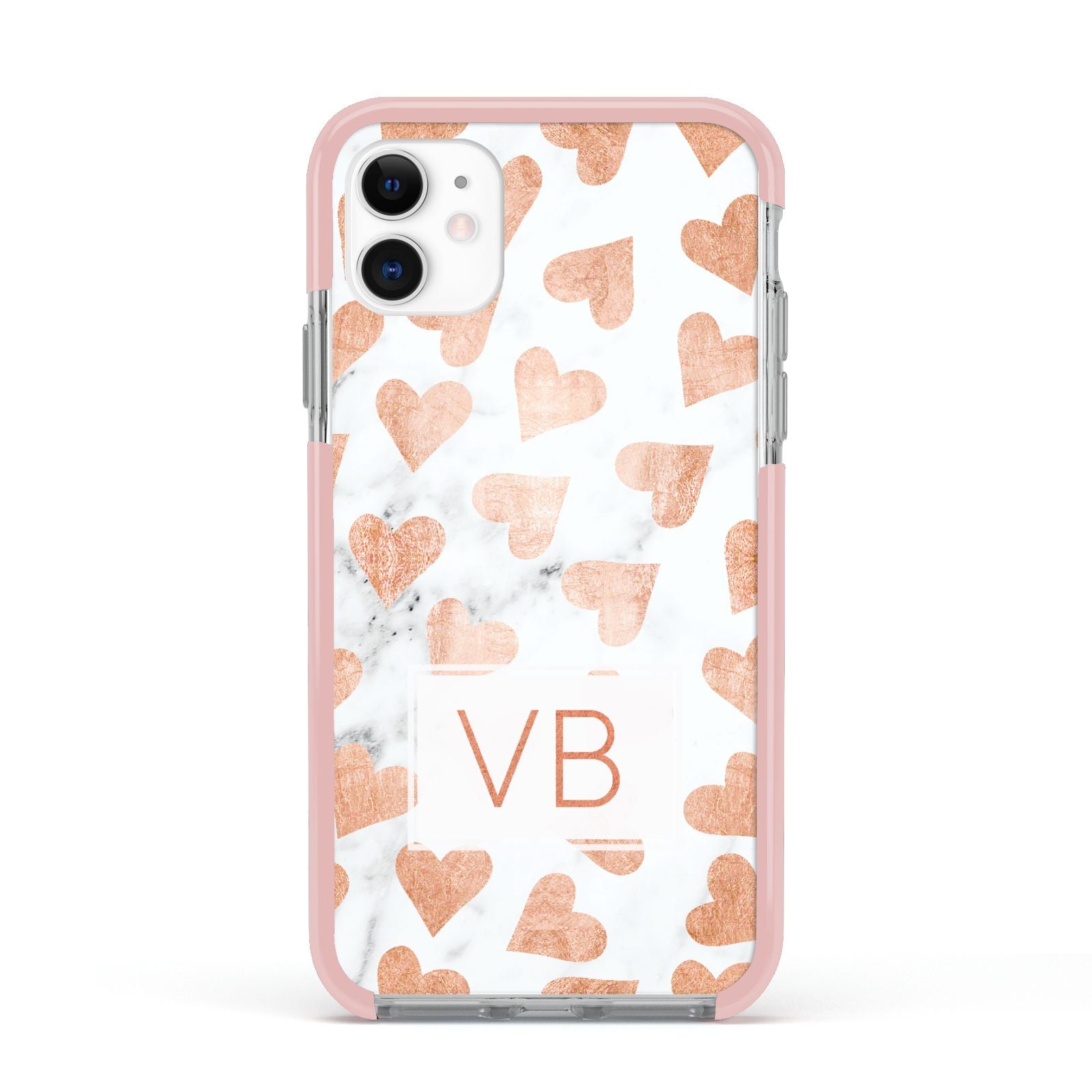 Personalised Heart Initialled Marble Apple iPhone 11 in White with Pink Impact Case