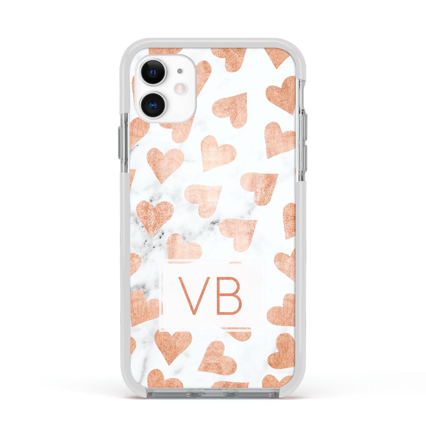 Personalised Heart Initialled Marble Apple iPhone 11 in White with White Impact Case