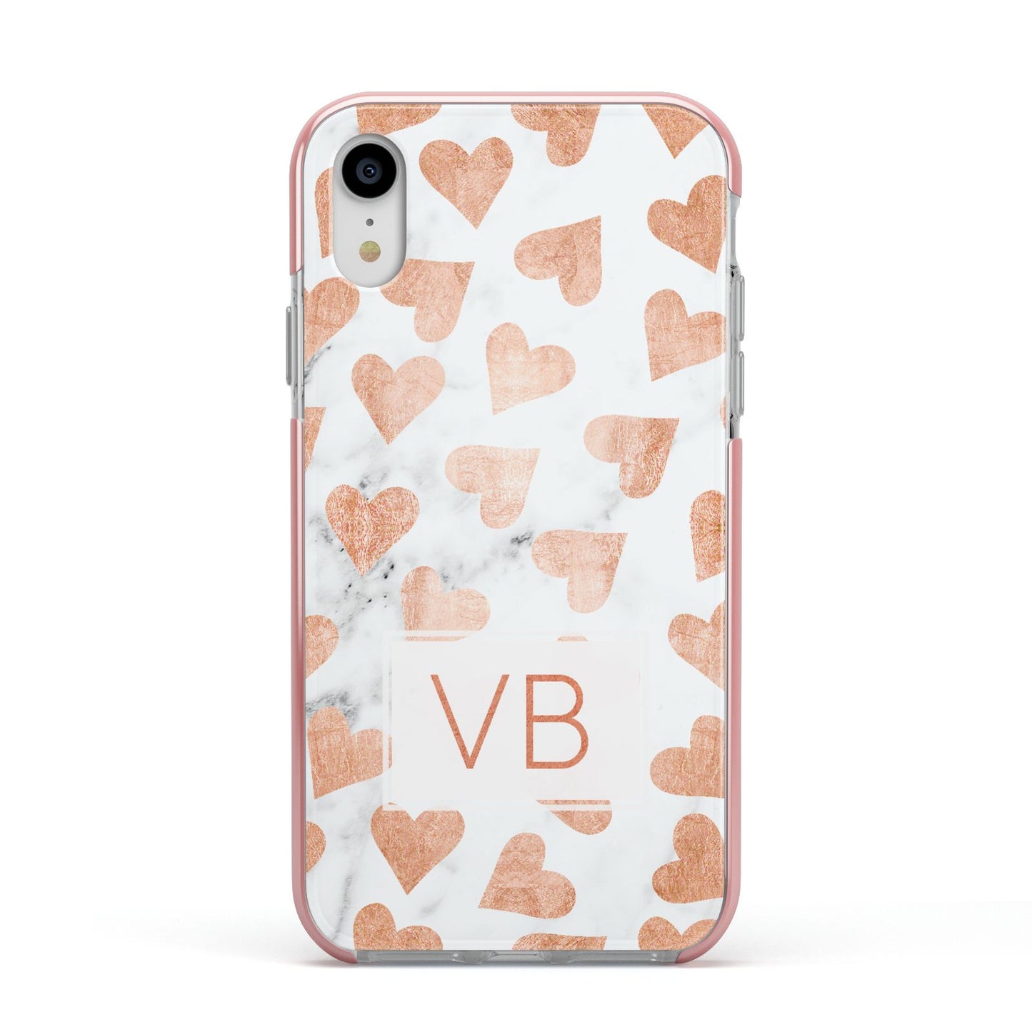 Personalised Heart Initialled Marble Apple iPhone XR Impact Case Pink Edge on Silver Phone