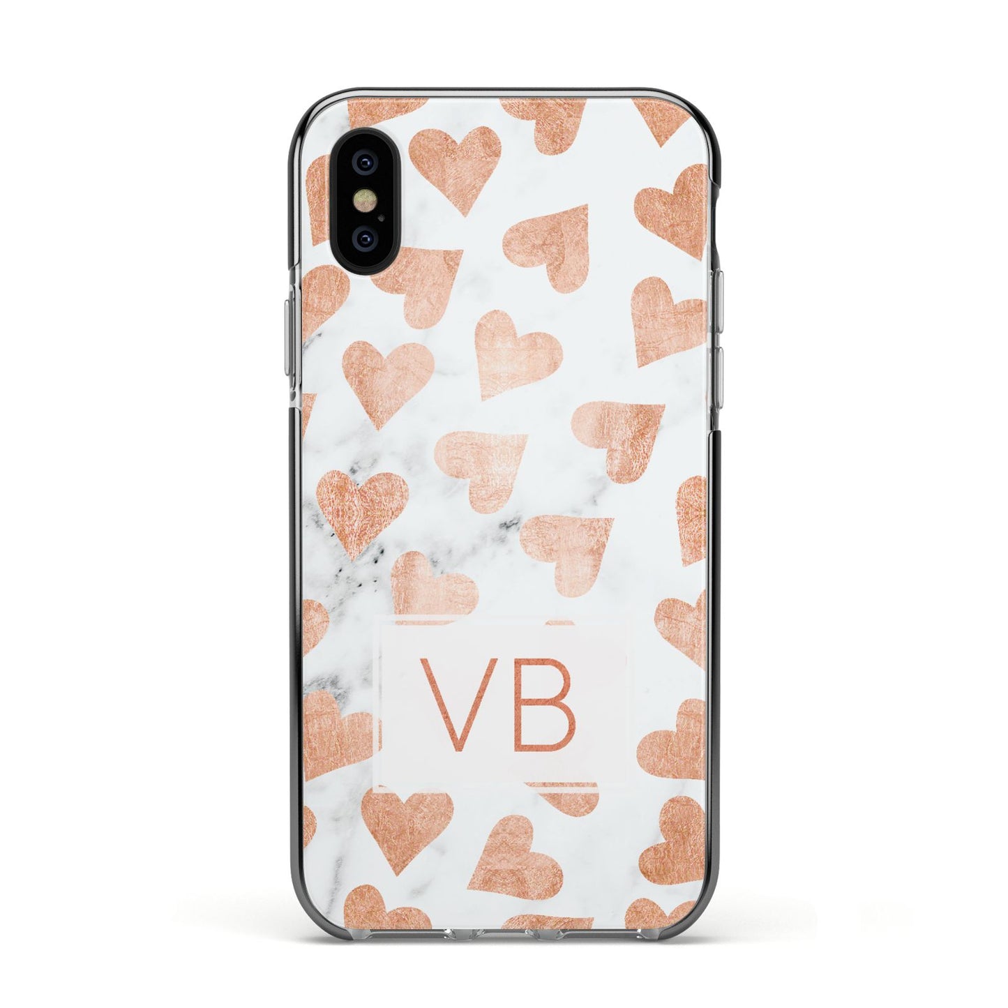 Personalised Heart Initialled Marble Apple iPhone Xs Impact Case Black Edge on Black Phone