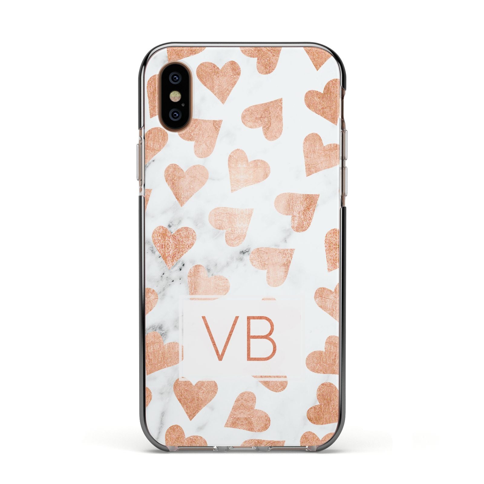 Personalised Heart Initialled Marble Apple iPhone Xs Impact Case Black Edge on Gold Phone