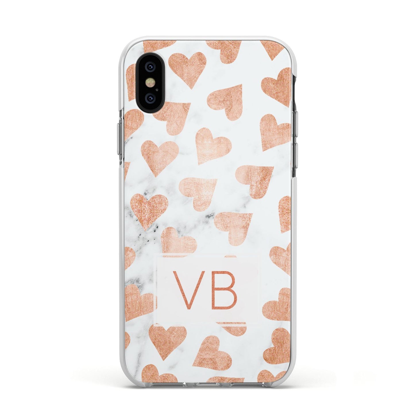 Personalised Heart Initialled Marble Apple iPhone Xs Impact Case White Edge on Black Phone