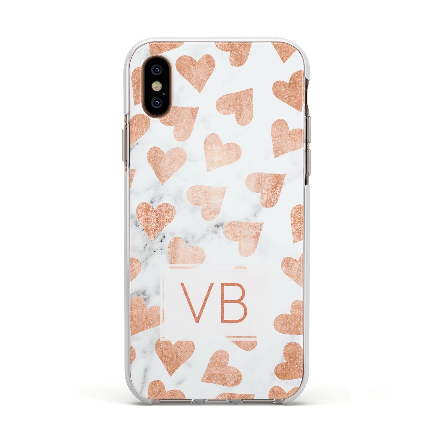 Personalised Heart Initialled Marble Apple iPhone Xs Impact Case White Edge on Gold Phone