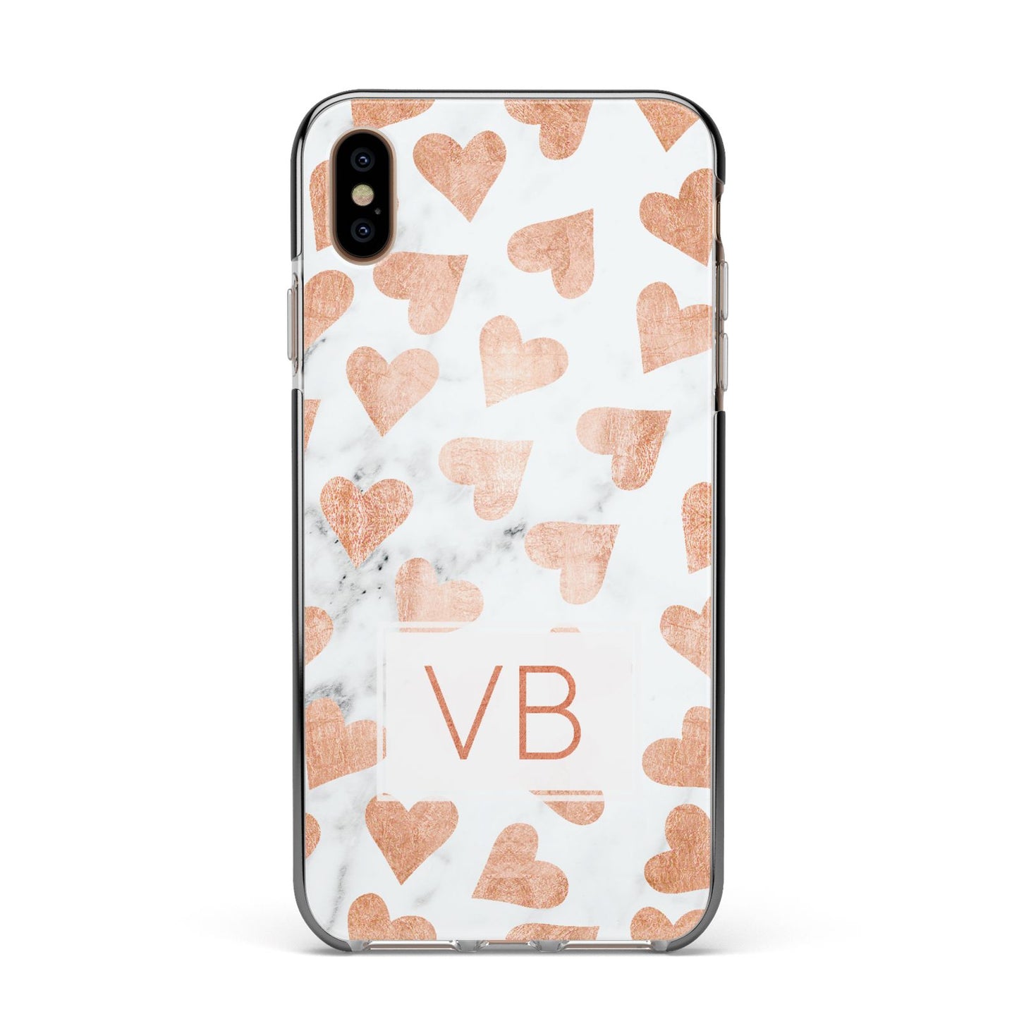 Personalised Heart Initialled Marble Apple iPhone Xs Max Impact Case Black Edge on Gold Phone