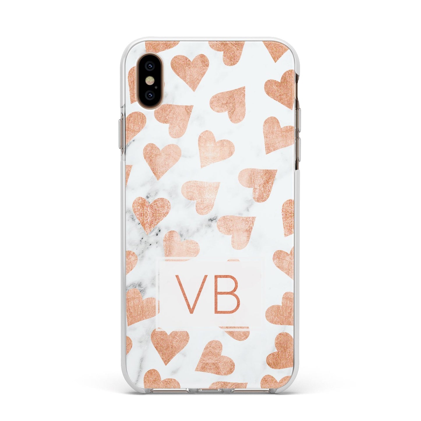 Personalised Heart Initialled Marble Apple iPhone Xs Max Impact Case White Edge on Gold Phone