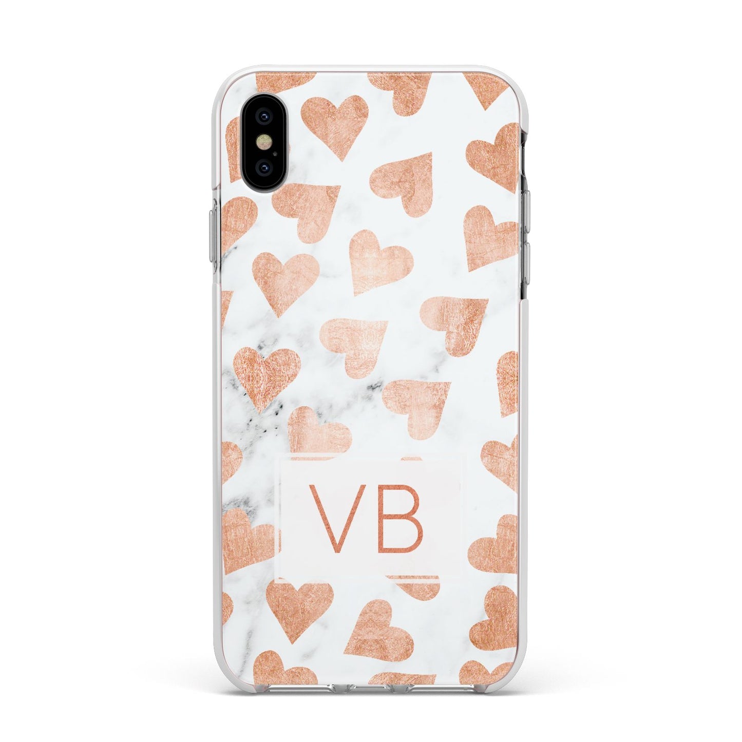 Personalised Heart Initialled Marble Apple iPhone Xs Max Impact Case White Edge on Silver Phone