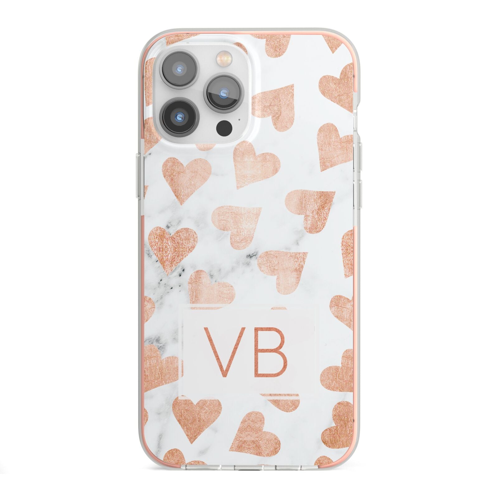 Personalised Heart Initialled Marble iPhone 13 Pro Max TPU Impact Case with Pink Edges