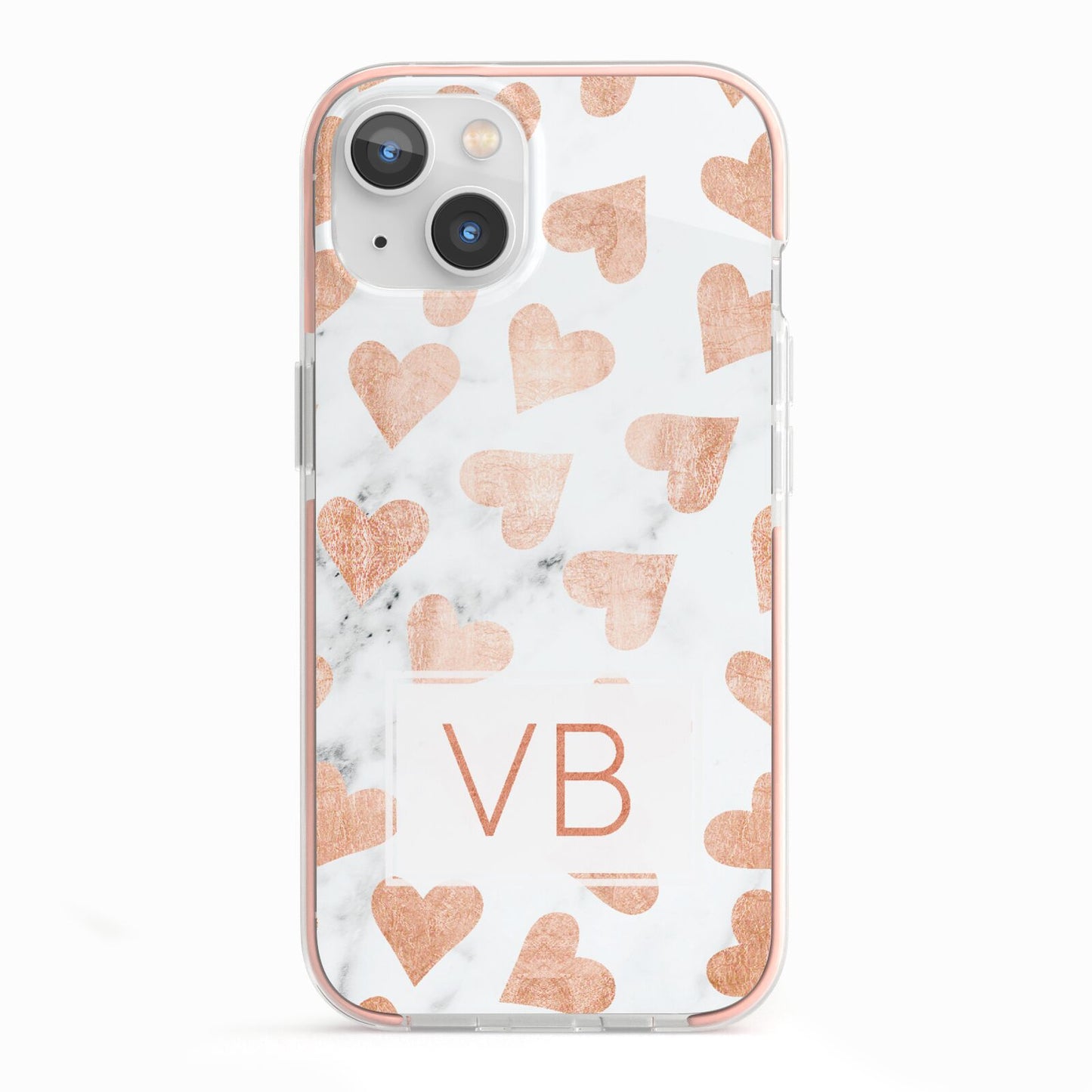 Personalised Heart Initialled Marble iPhone 13 TPU Impact Case with Pink Edges