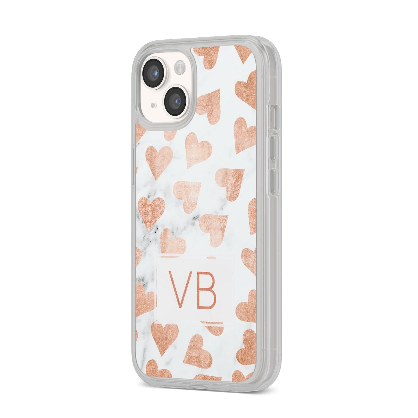 Personalised Heart Initialled Marble iPhone 14 Clear Tough Case Starlight Angled Image