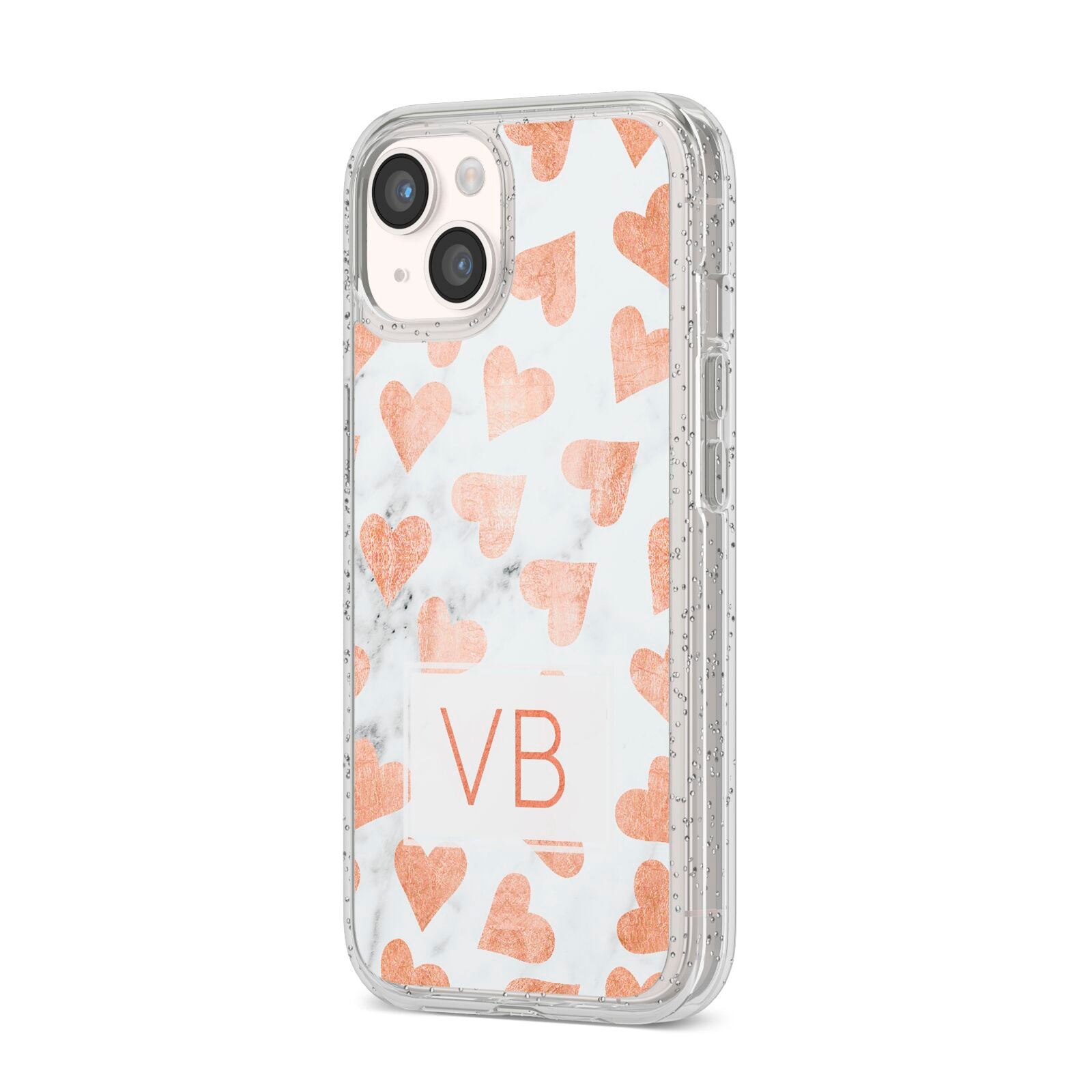 Personalised Heart Initialled Marble iPhone 14 Glitter Tough Case Starlight Angled Image