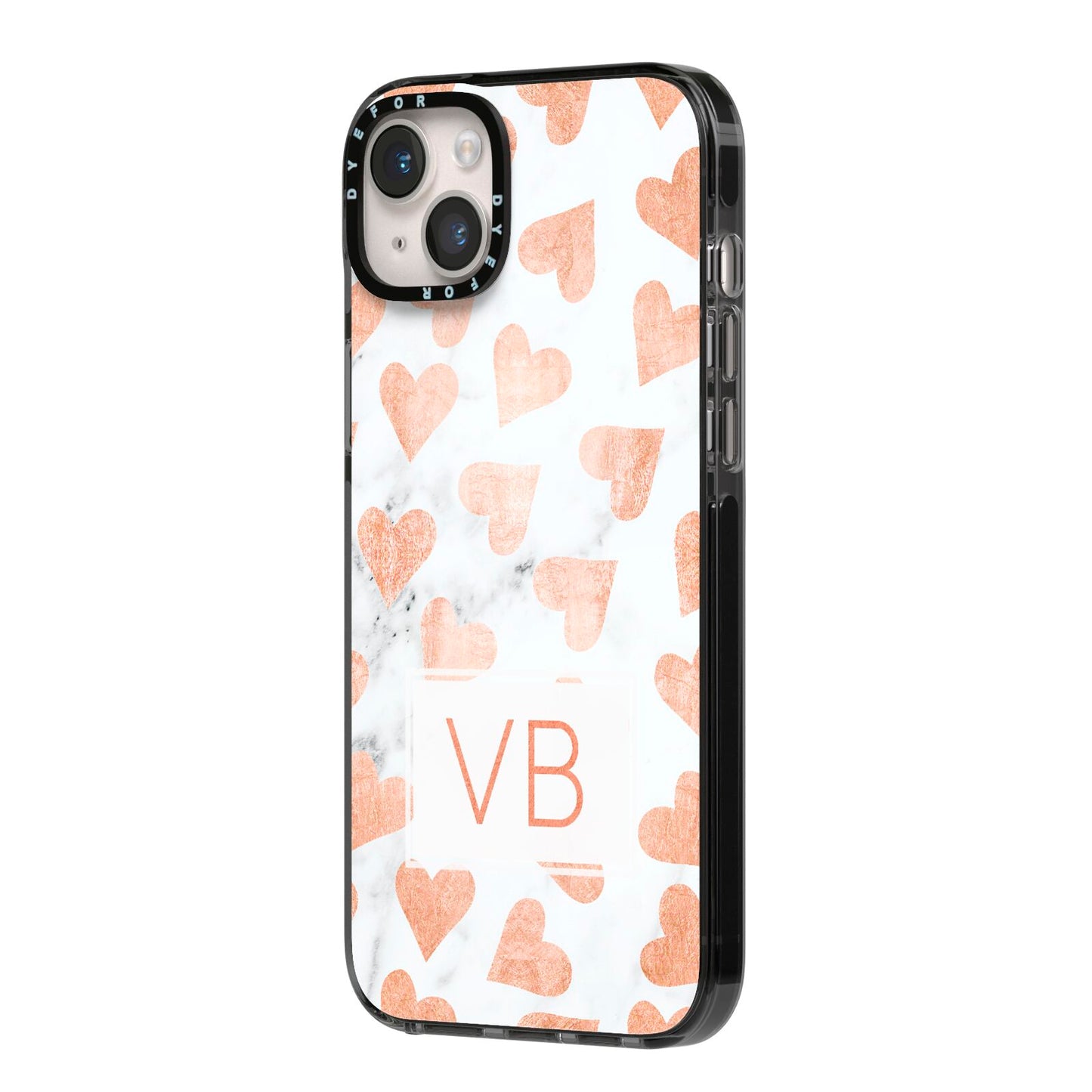 Personalised Heart Initialled Marble iPhone 14 Plus Black Impact Case Side Angle on Silver phone