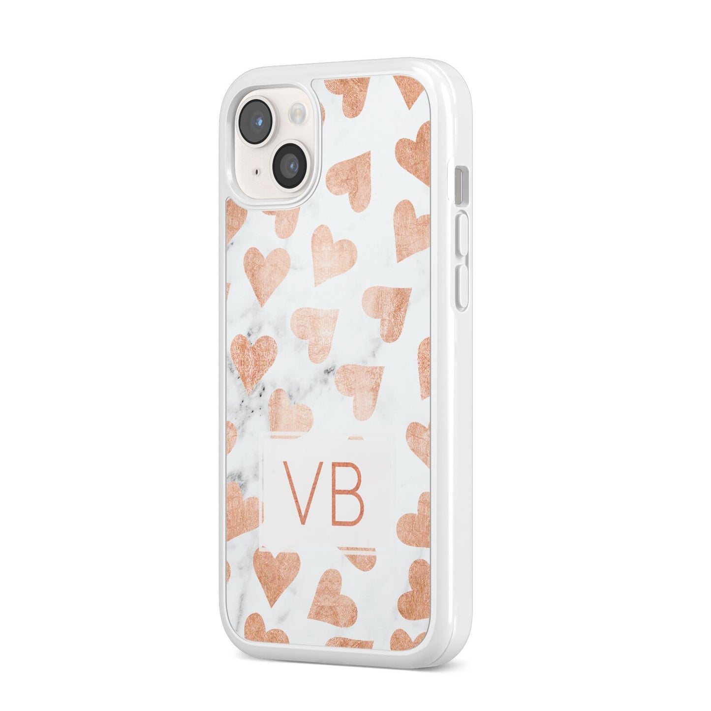 Personalised Heart Initialled Marble iPhone 14 Plus Clear Tough Case Starlight Angled Image