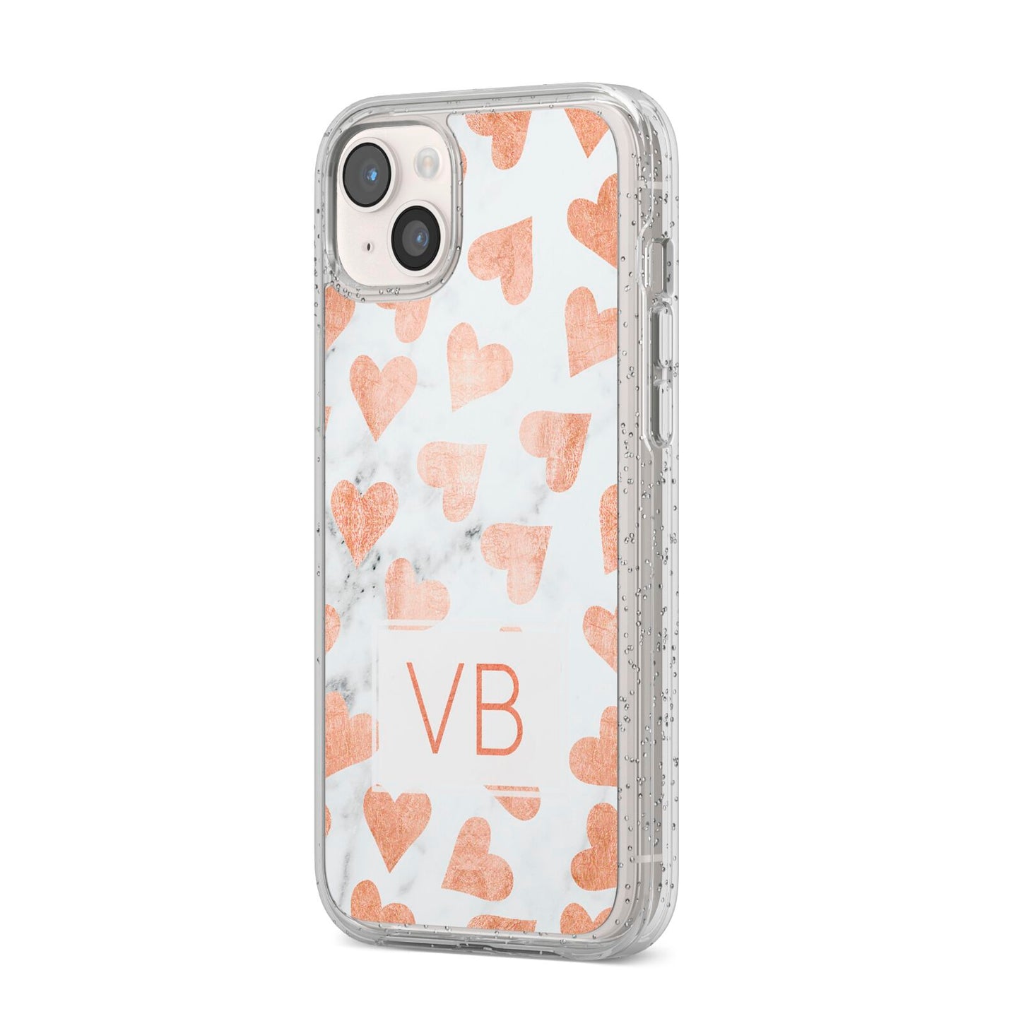 Personalised Heart Initialled Marble iPhone 14 Plus Glitter Tough Case Starlight Angled Image