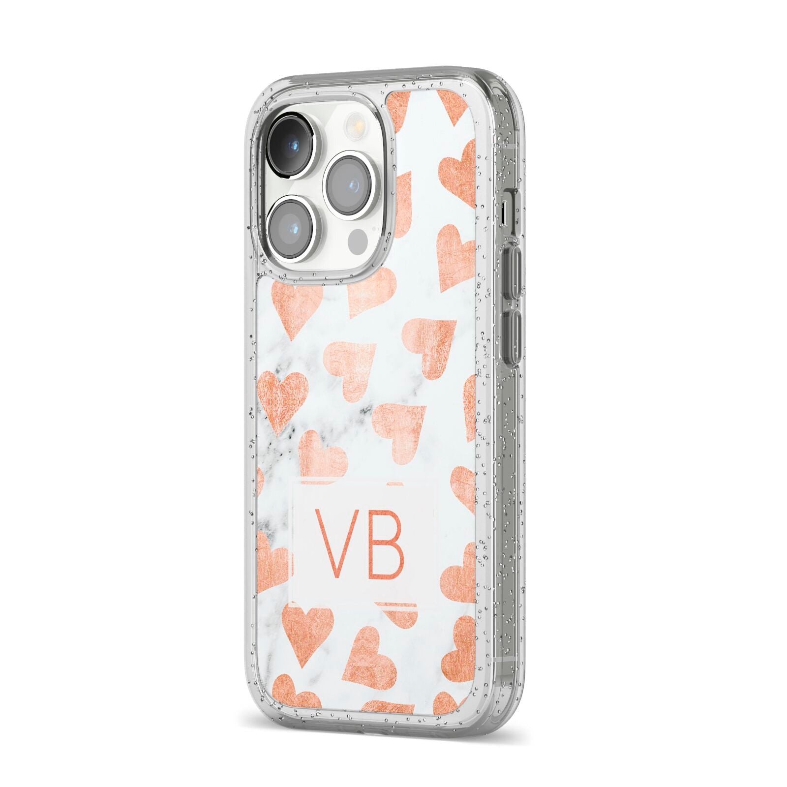 Personalised Heart Initialled Marble iPhone 14 Pro Glitter Tough Case Silver Angled Image