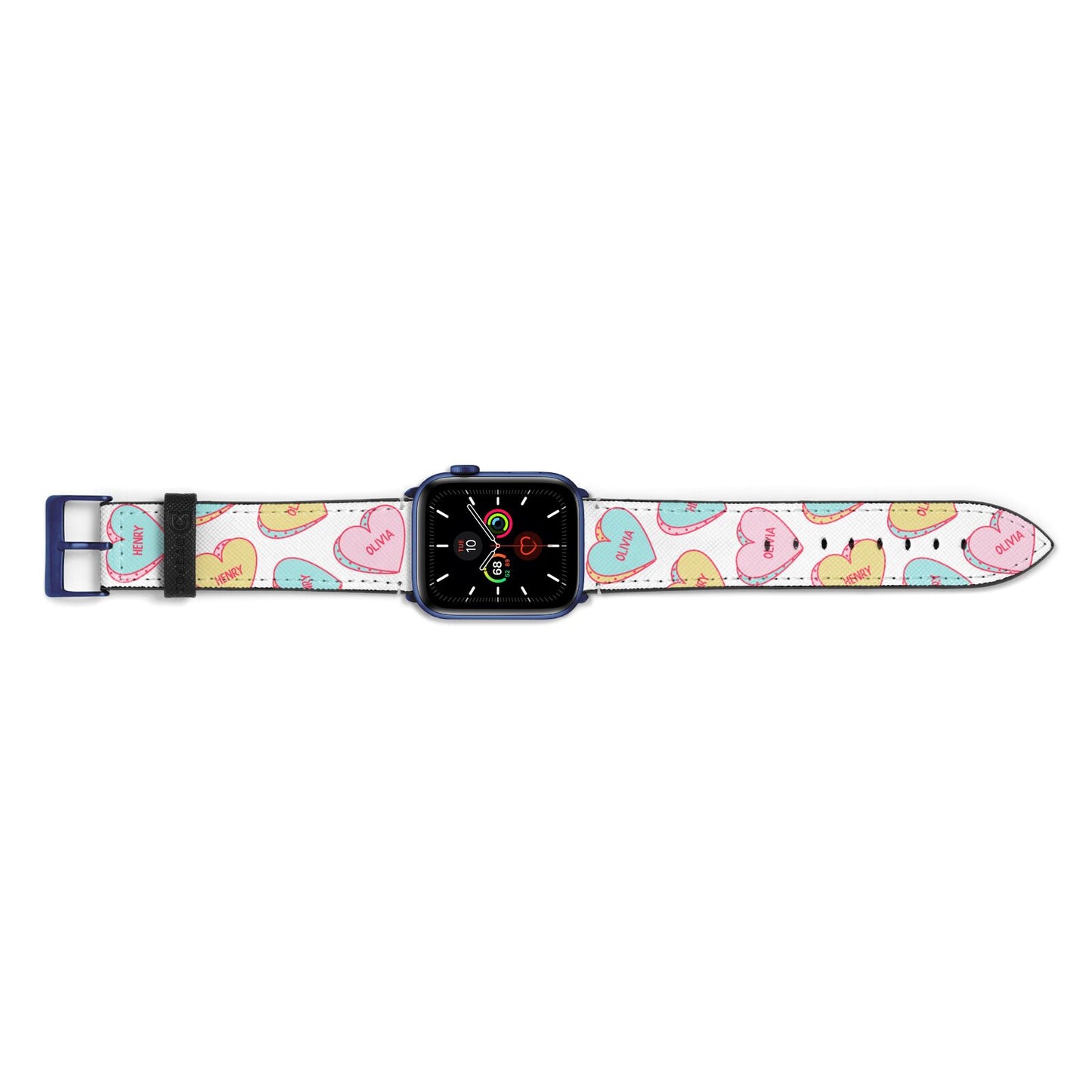 Personalised Heart Sweets Apple Watch Strap Landscape Image Blue Hardware