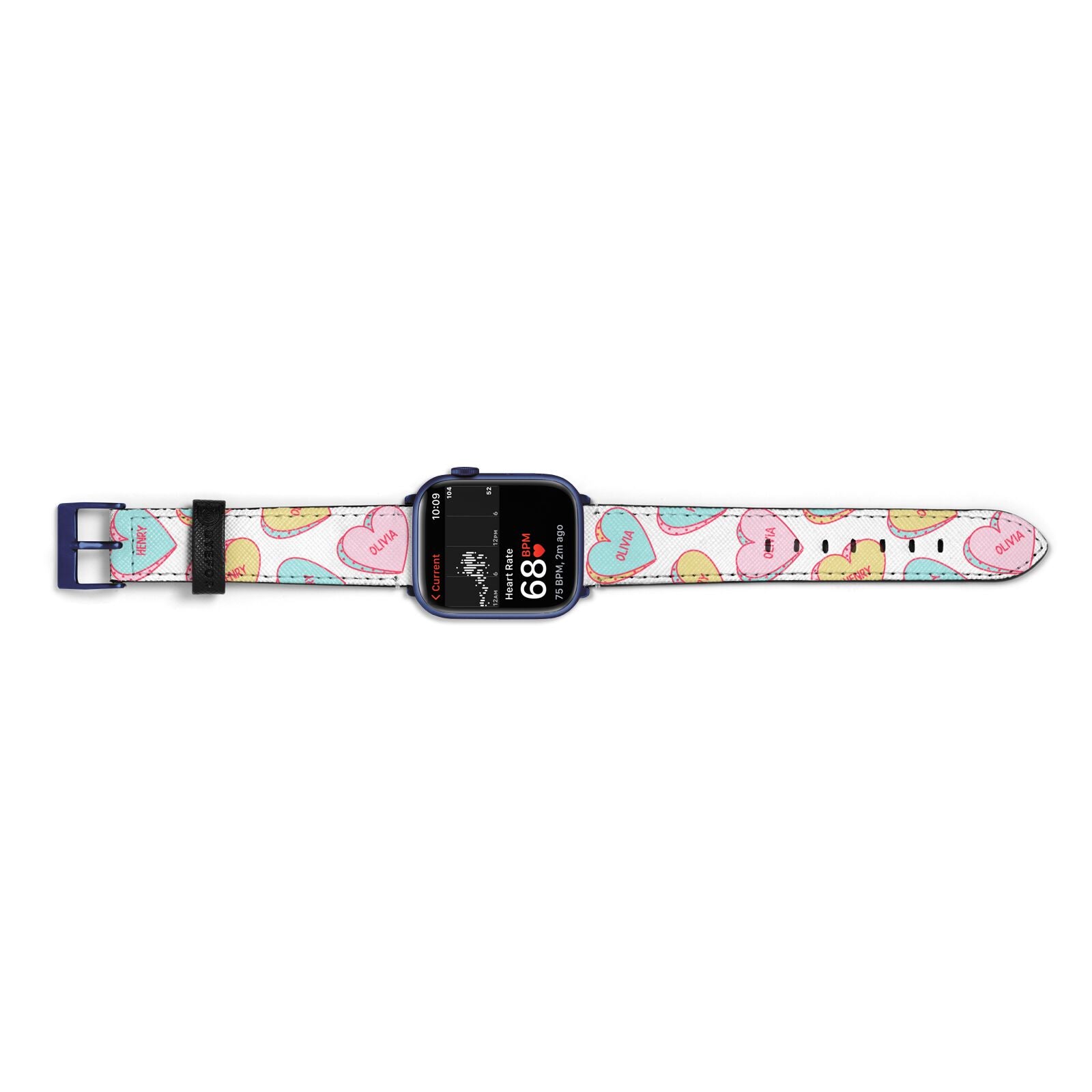 Personalised Heart Sweets Apple Watch Strap Size 38mm Landscape Image Blue Hardware