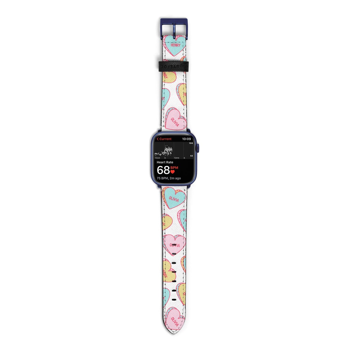 Personalised Heart Sweets Apple Watch Strap Size 38mm with Blue Hardware