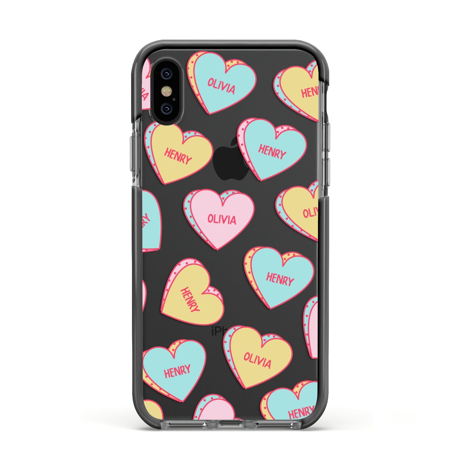 Personalised Heart Sweets Apple iPhone Xs Impact Case Black Edge on Black Phone