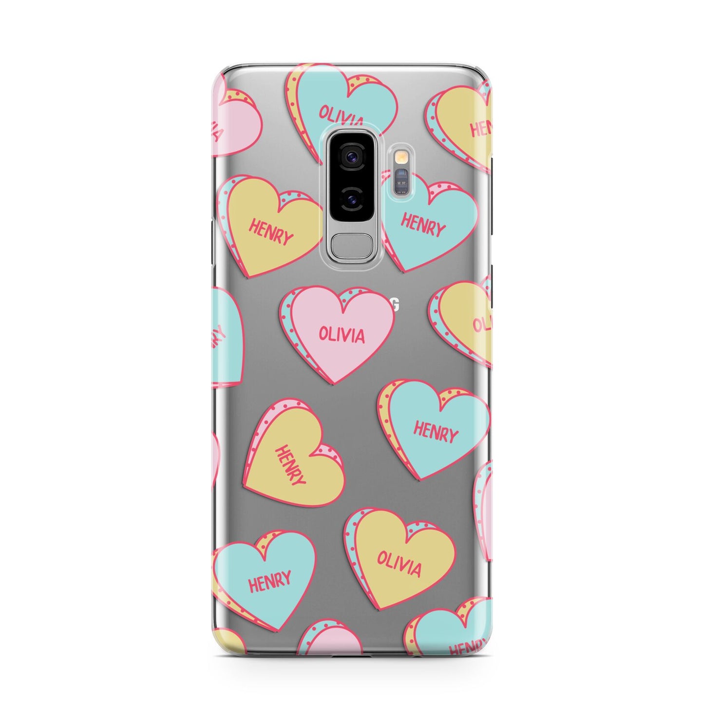 Personalised Heart Sweets Samsung Galaxy S9 Plus Case on Silver phone