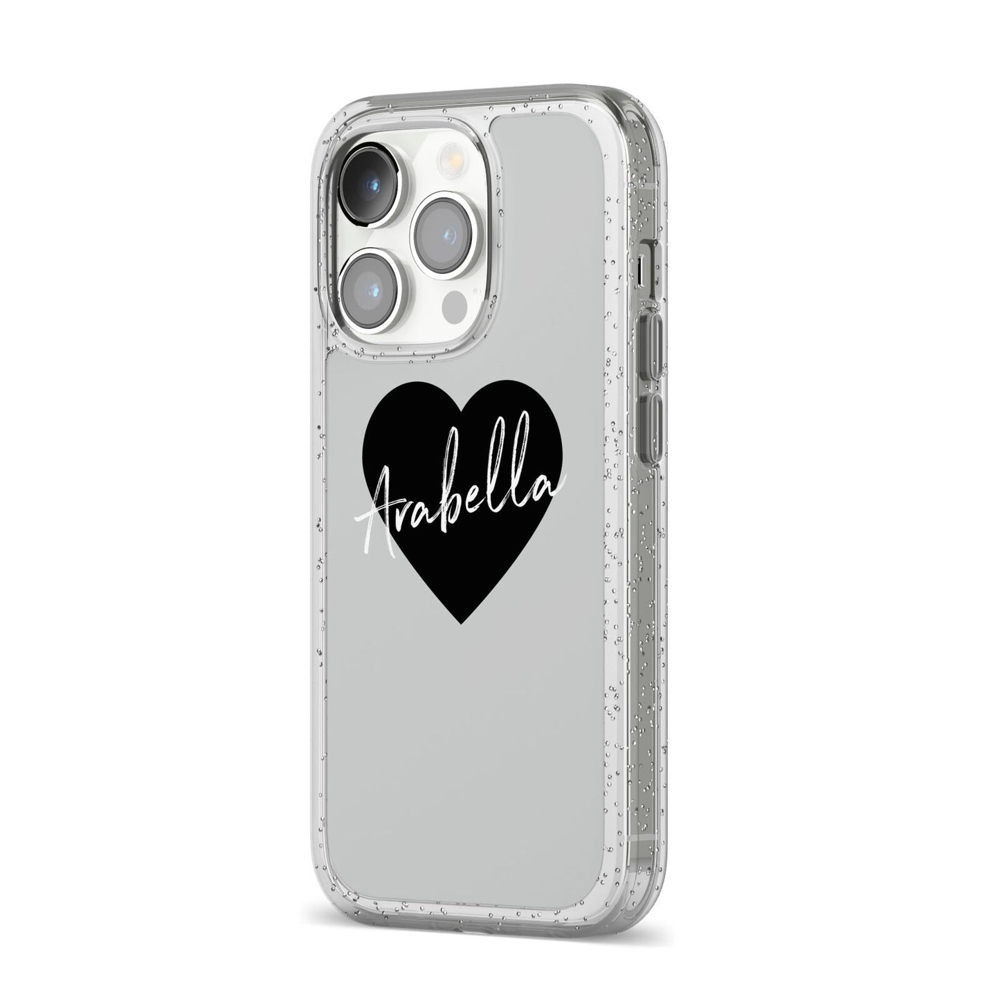 Personalised Heart Valentines iPhone 14 Pro Glitter Tough Case Silver Angled Image