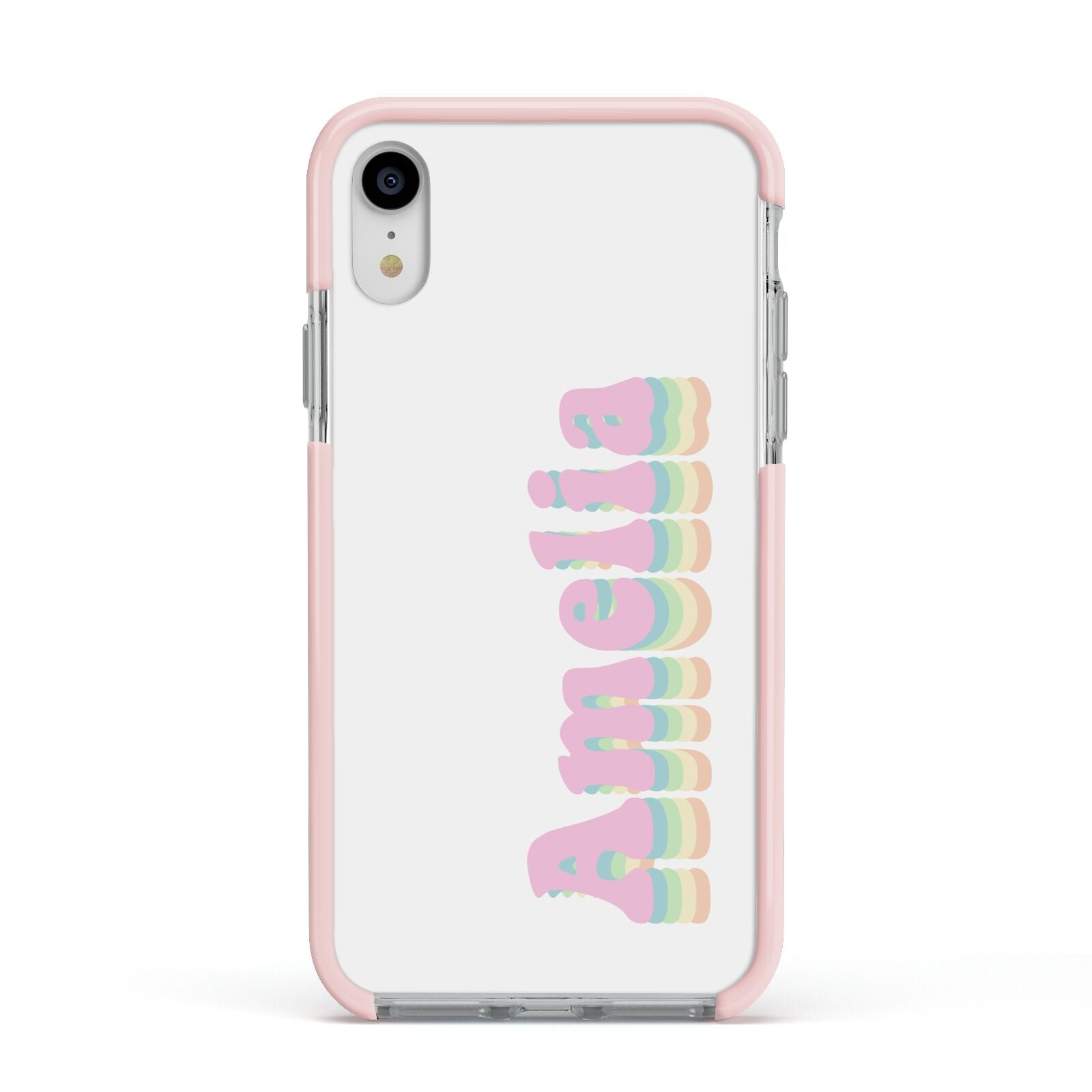 Personalised Hippy Name Apple iPhone XR Impact Case Pink Edge on Silver Phone