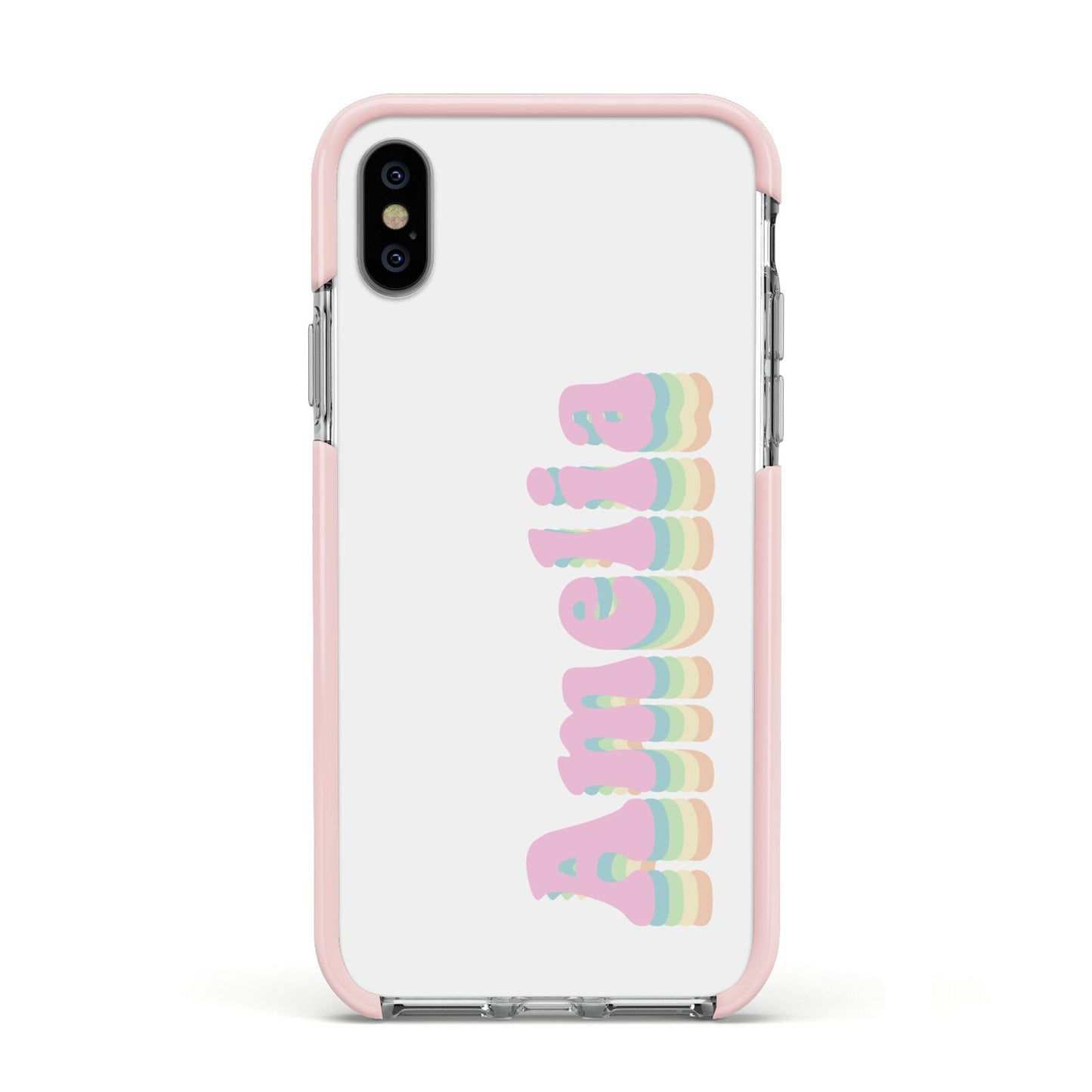 Personalised Hippy Name Apple iPhone Xs Impact Case Pink Edge on Silver Phone