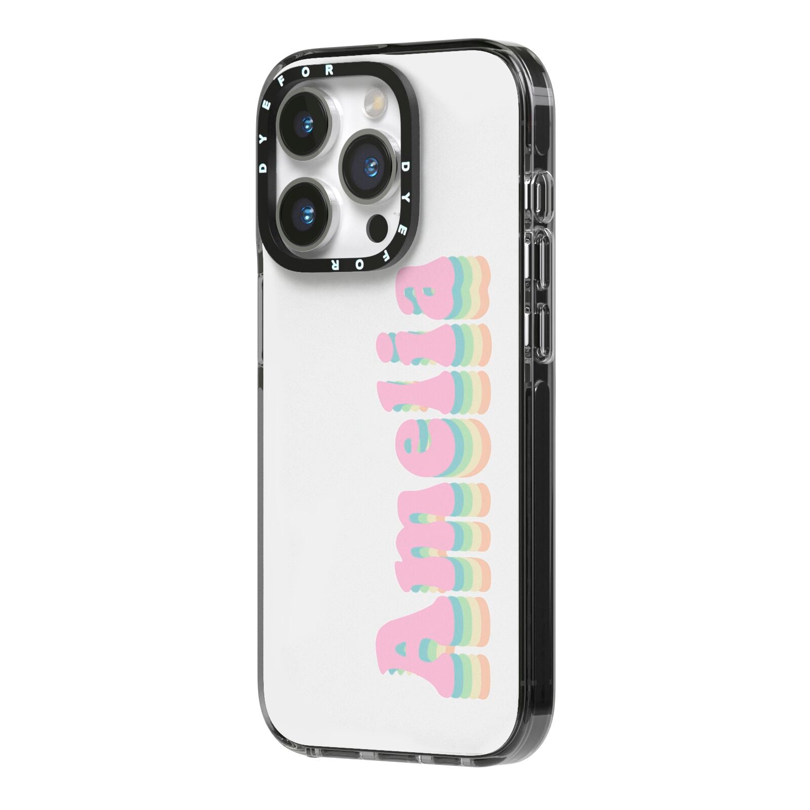 Personalised Hippy Name iPhone 14 Pro Black Impact Case Side Angle on Silver phone