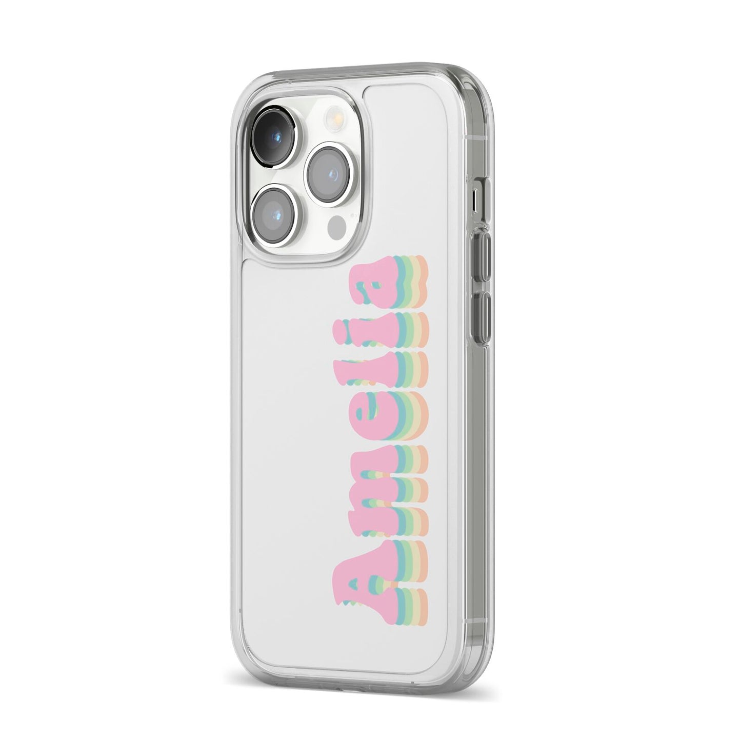 Personalised Hippy Name iPhone 14 Pro Clear Tough Case Silver Angled Image