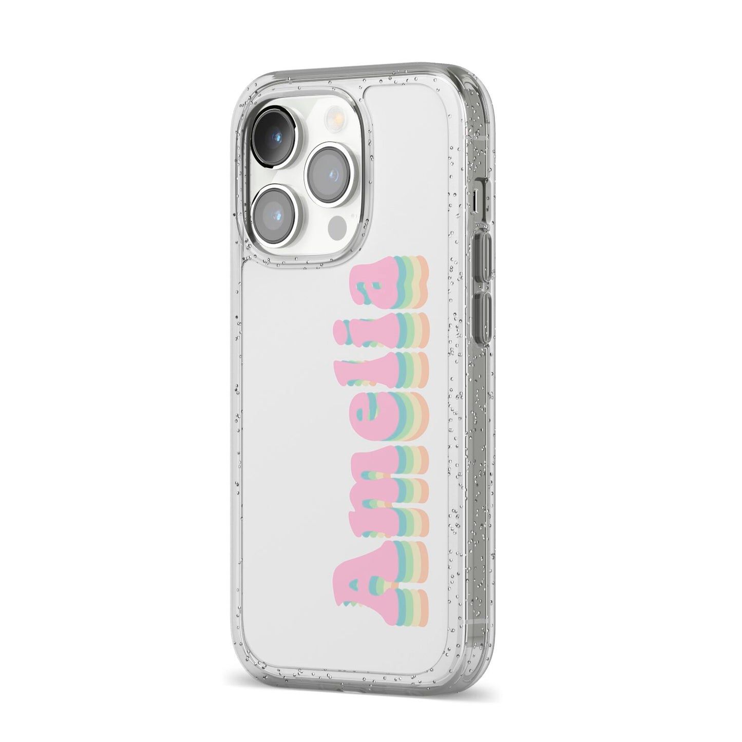 Personalised Hippy Name iPhone 14 Pro Glitter Tough Case Silver Angled Image