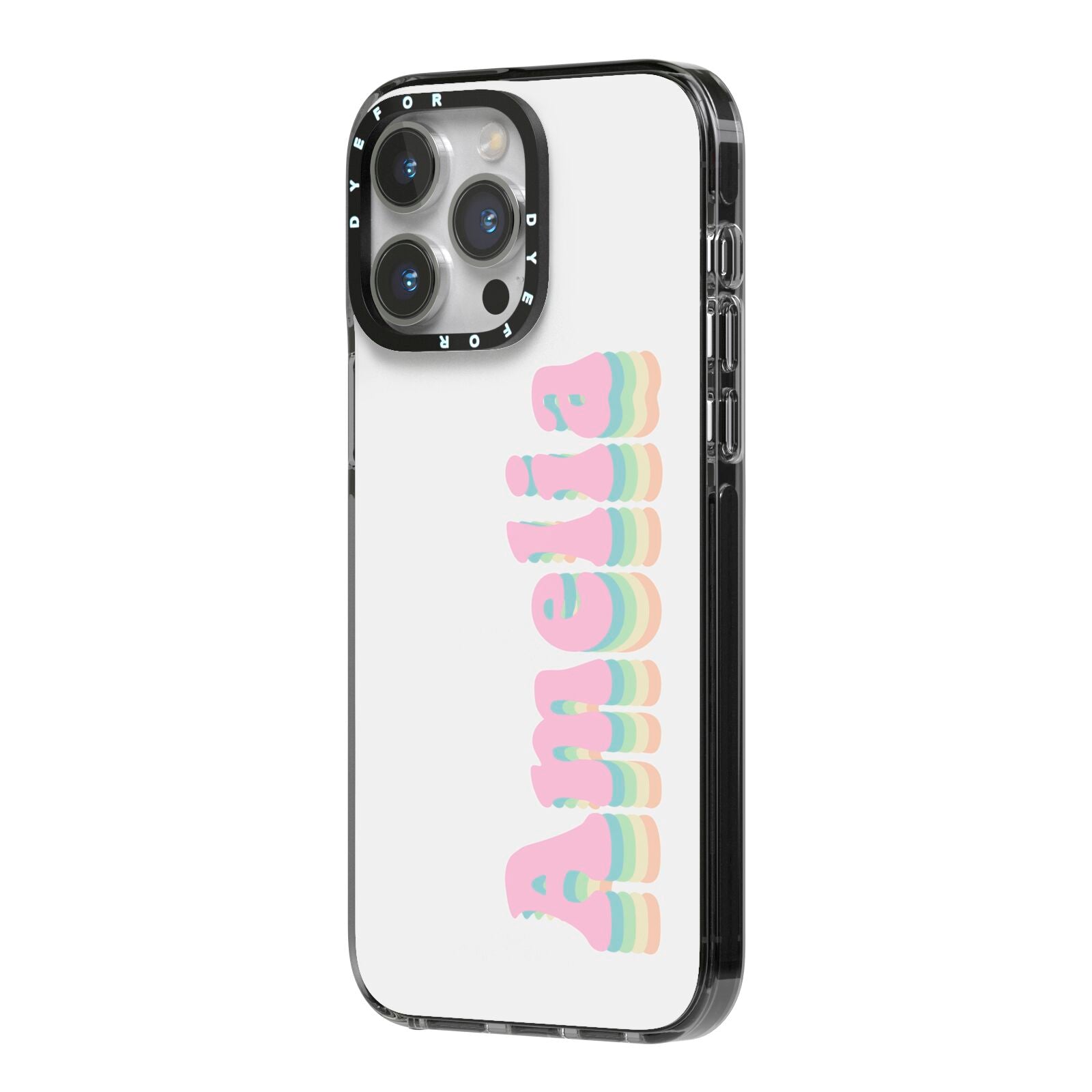 Personalised Hippy Name iPhone 14 Pro Max Black Impact Case Side Angle on Silver phone