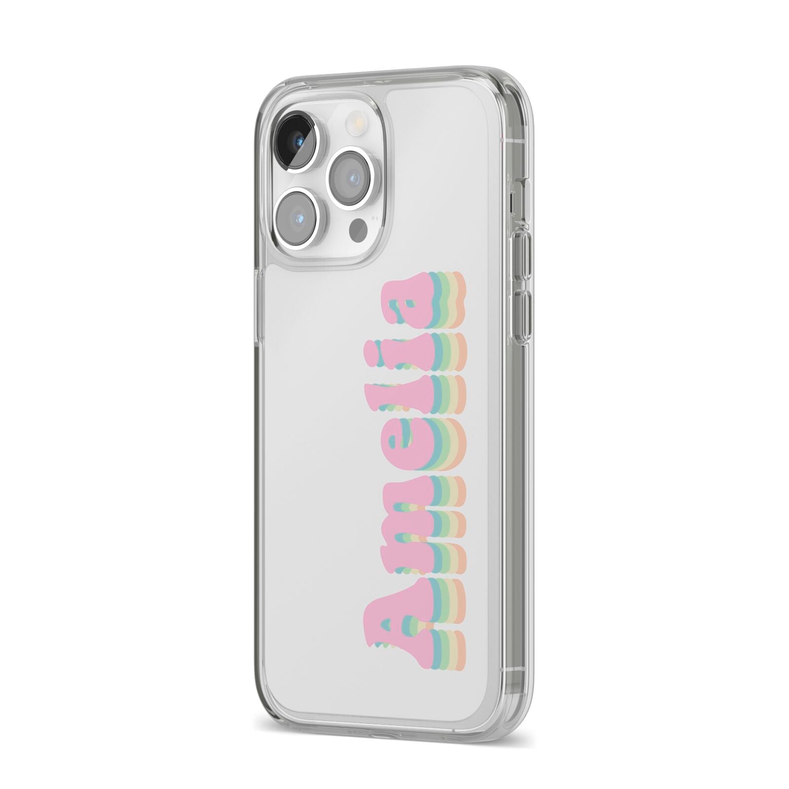 Personalised Hippy Name iPhone 14 Pro Max Clear Tough Case Silver Angled Image