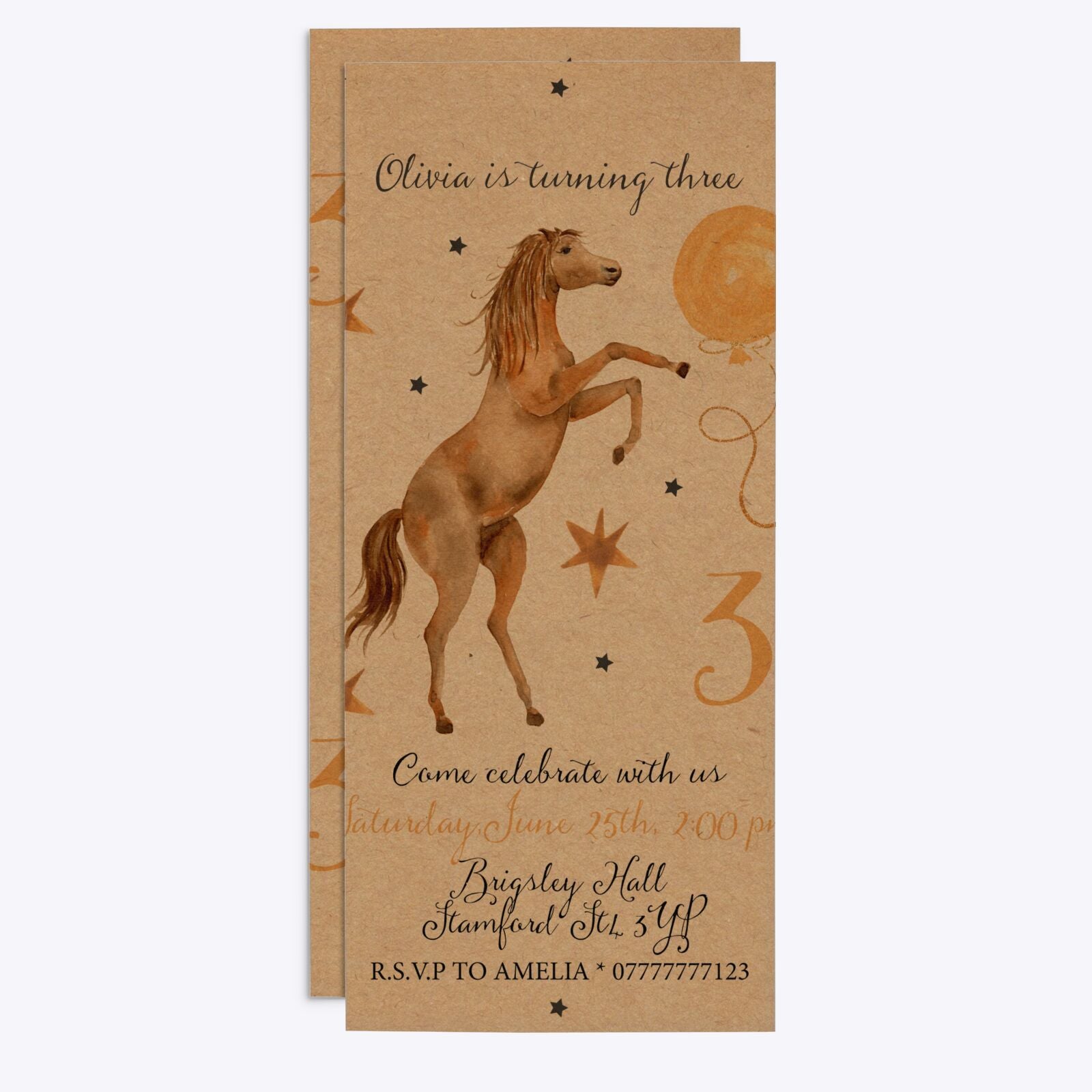 Personalised Horse Happy Birthday 4x9 Rectangle Invitation Kraft Front and Back Image