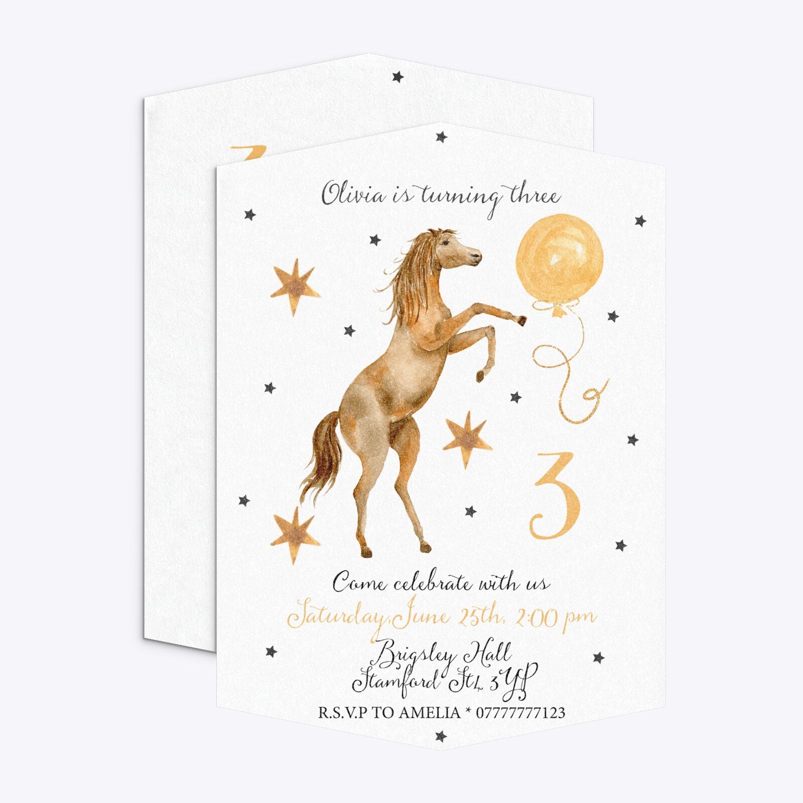 Personalised Horse Happy Birthday Geo Invitation Glitter Front and Back Image