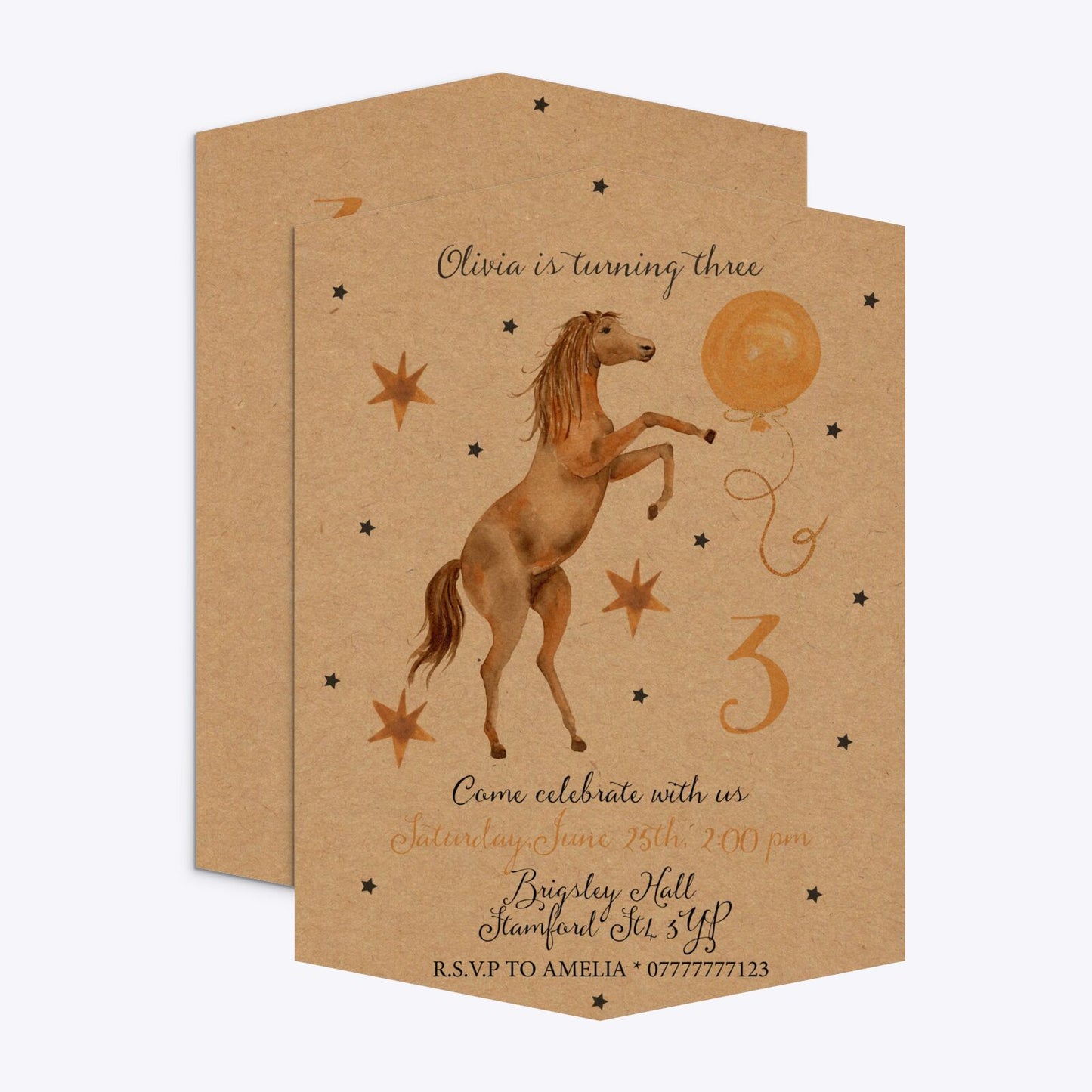 Personalised Horse Happy Birthday Geo Invitation Kraft Front and Back Image