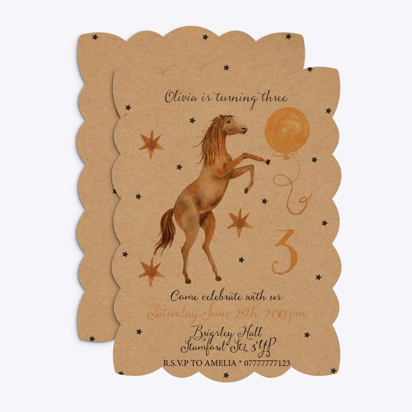 Personalised Horse Happy Birthday Petal Invitation Kraft Front and Back Image