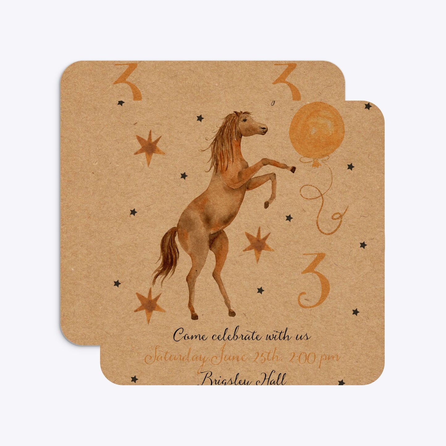 Personalised Horse Happy Birthday Rounded 5 25x5 25 Invitation Kraft Front and Back Image