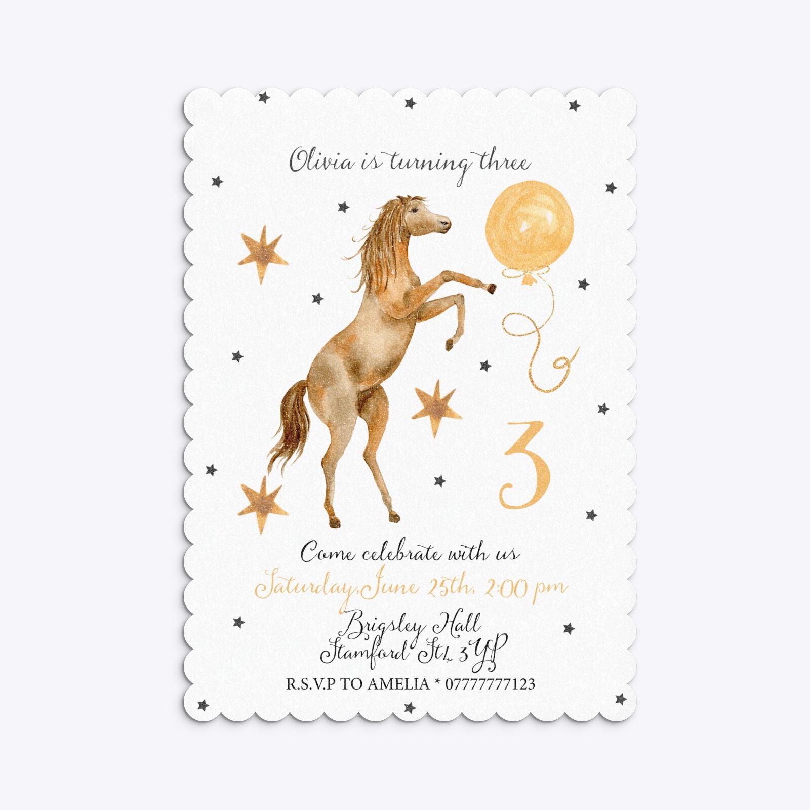 Personalised Horse Happy Birthday Scalloped Invitation Glitter