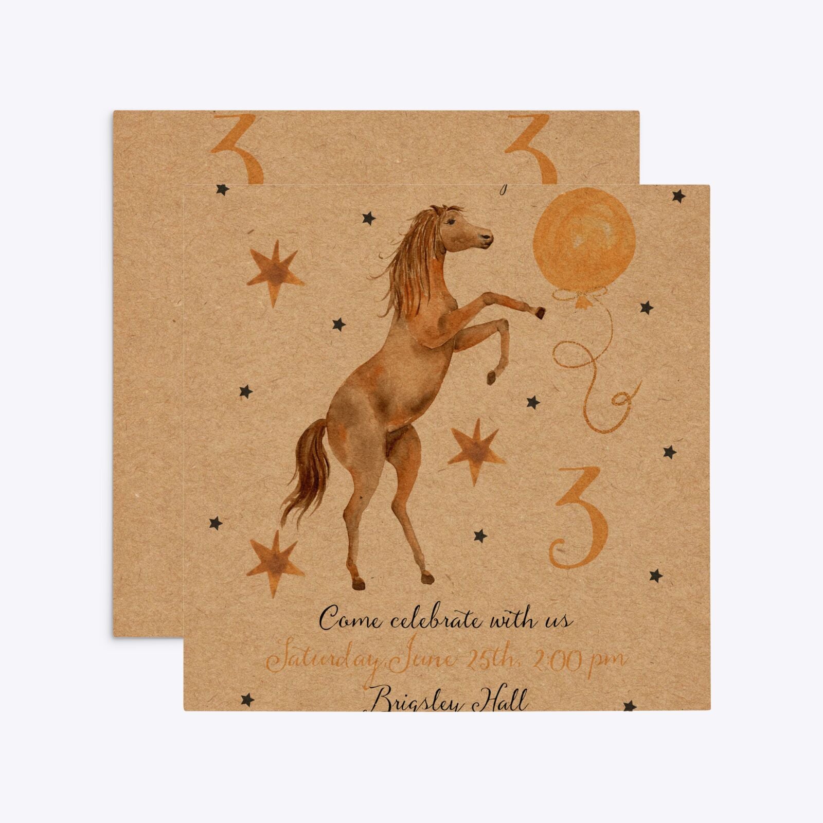 Personalised Horse Happy Birthday Square 5 25x5 25 Invitation Kraft Front and Back Image